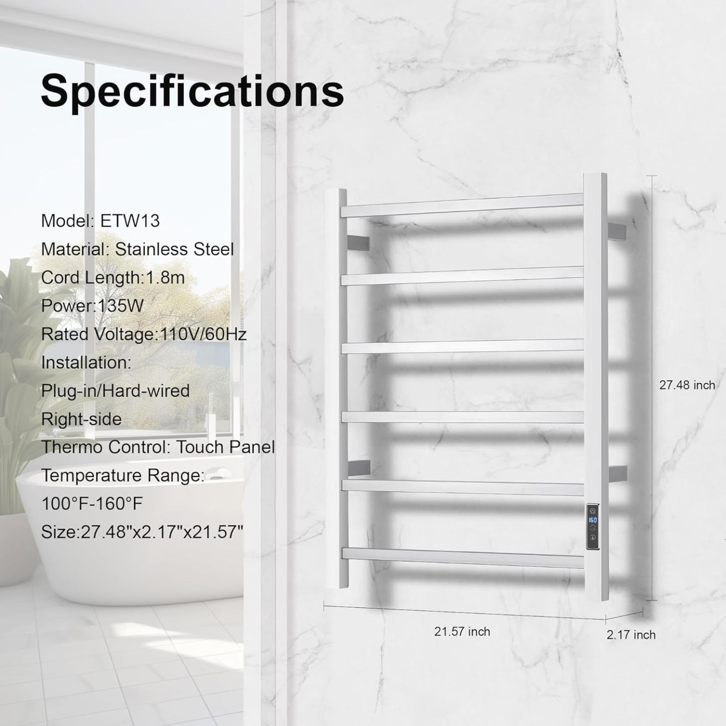 Electric Towel Warmer with Built-in Timer - Wall Mounted Heated Towel Rack Bathroom, Plug-in Design & Brushed Stainless Steel