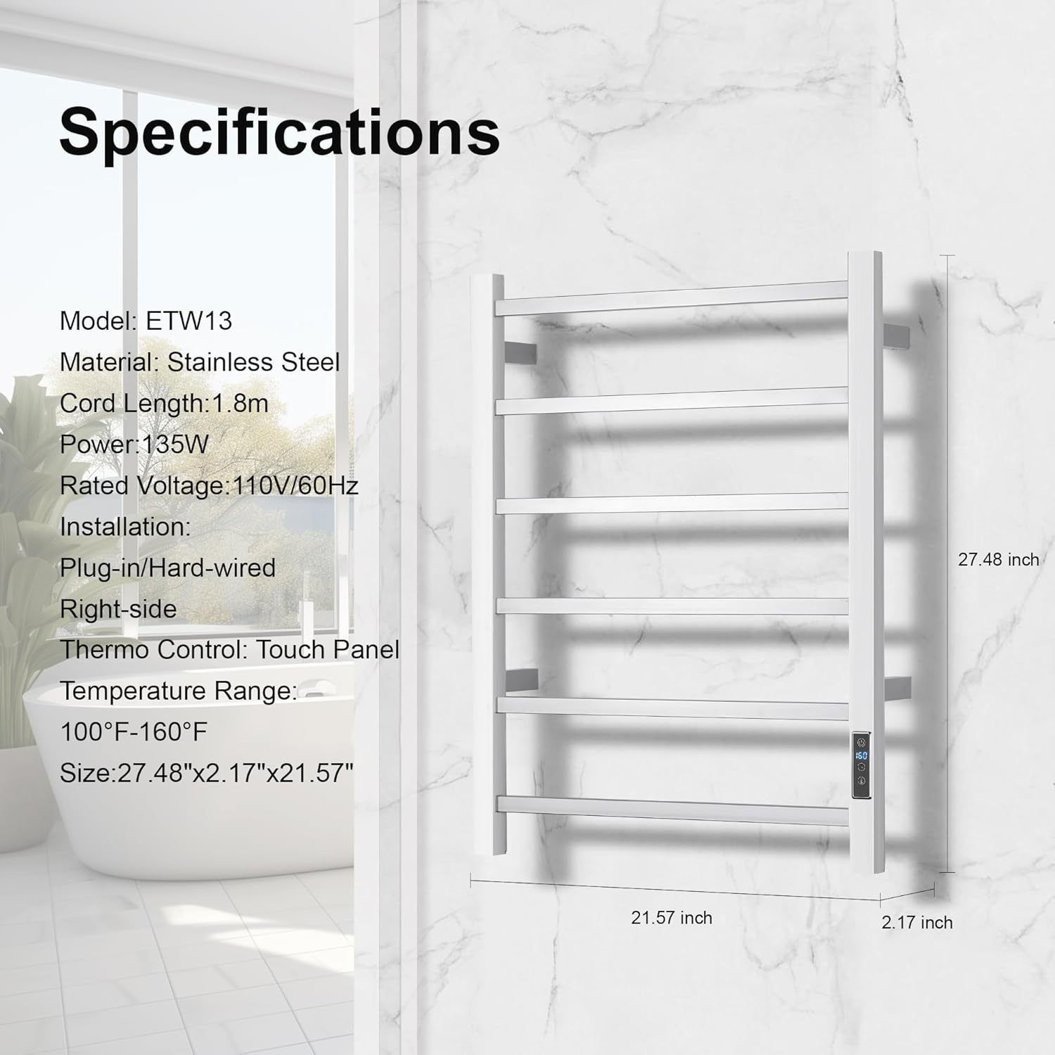 Electric Towel Warmer with Built-in Timer - Wall Mounted Heated Towel Rack Bathroom, Plug-in Design & Brushed Stainless Steel