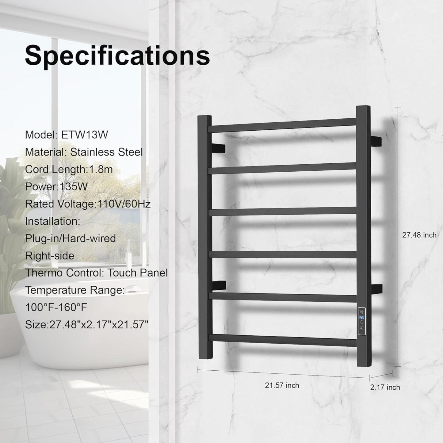 Towel Warmer with Built-in Timer for Bathroom Wall Mounted Bath Towel Heater Plug-in Electric Heated Towel Rack