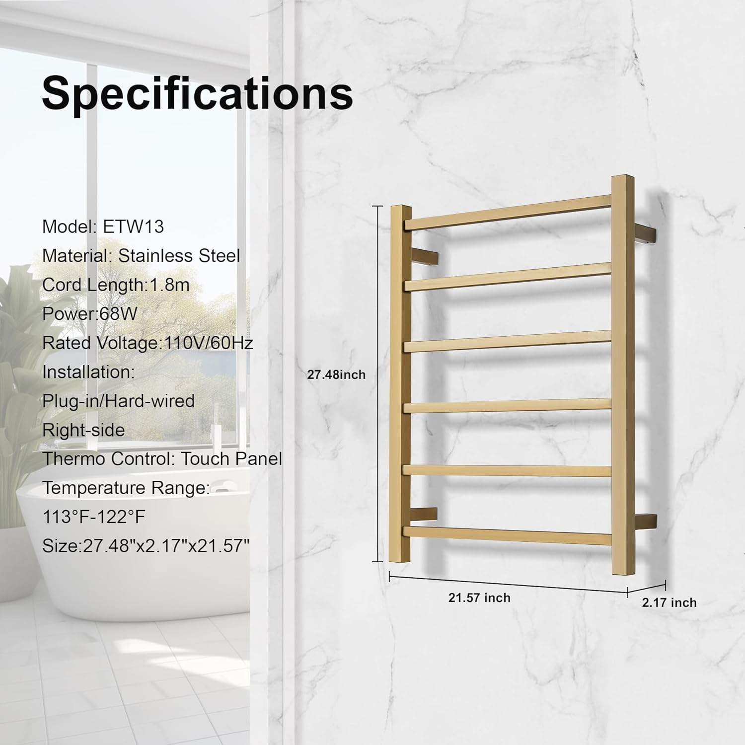 Wall Mounted Bathroom Heated Towel Rack, Plug-in Design & Brushed Stainless Steel Finish