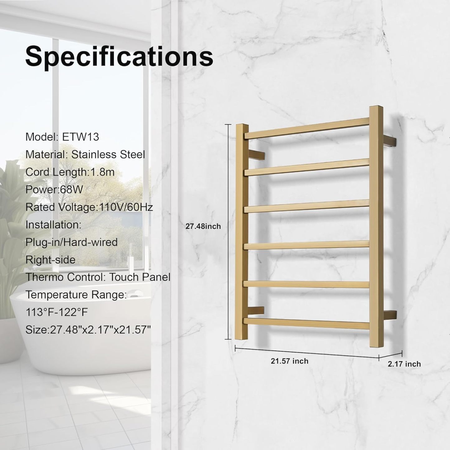 Wall Mounted Bathroom Heated Towel Rack, Plug-in Design & Brushed Stainless Steel Finish