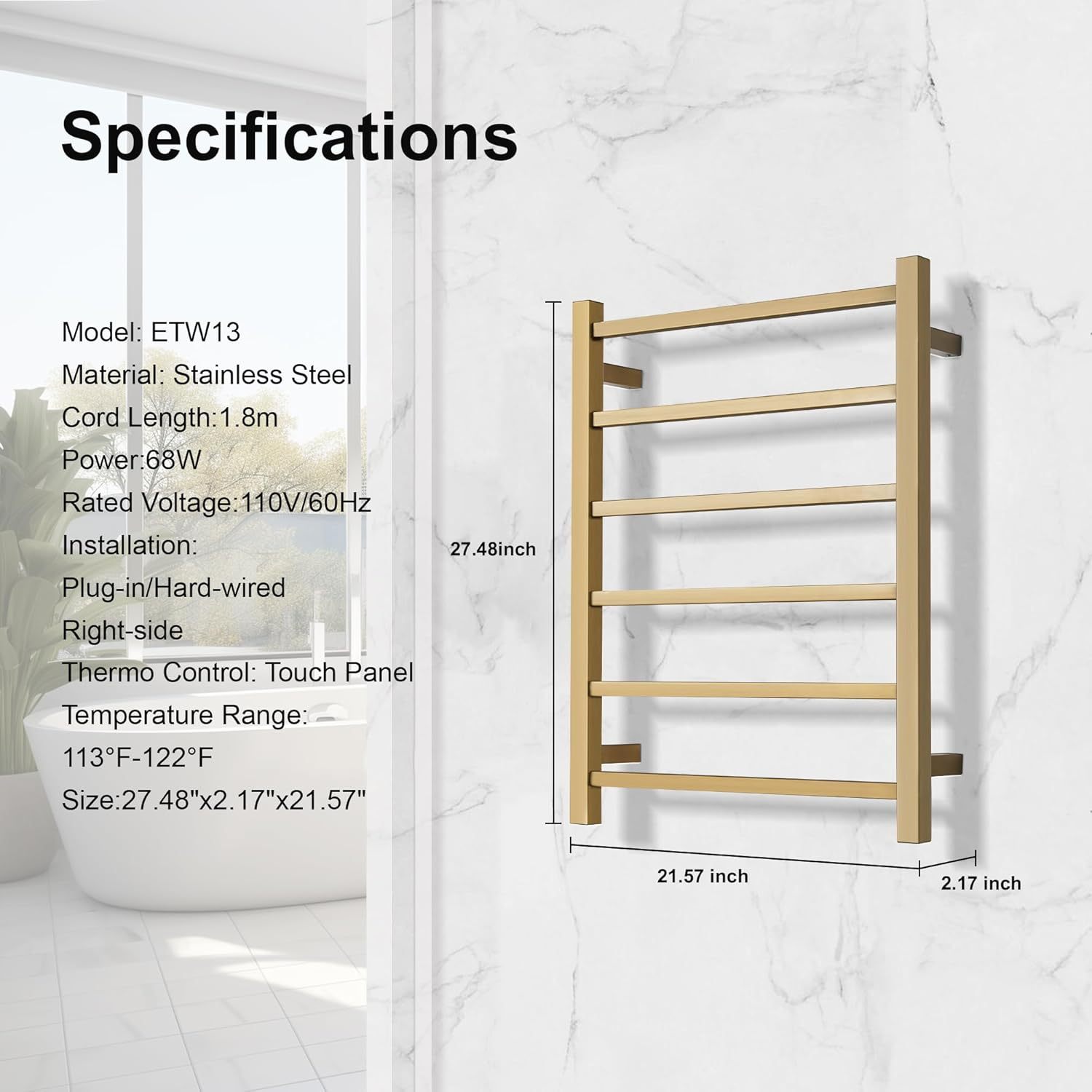 Wall Mounted Bathroom Heated Towel Rack, Plug-in Design & Brushed Stainless Steel Finish