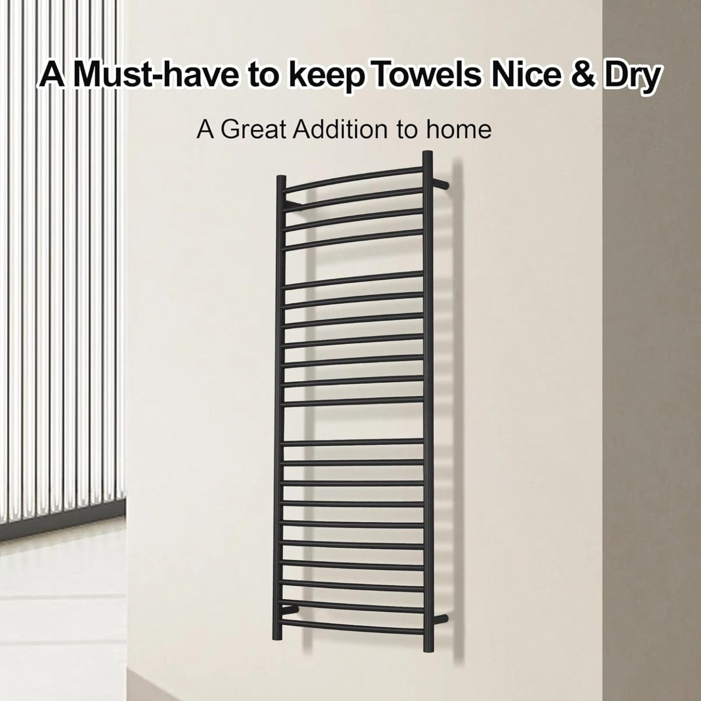 Wall Mounted Bathroom Heated Towel Rack, Plug-in Design & Brushed Stainless Steel Finish Black 21 Bar