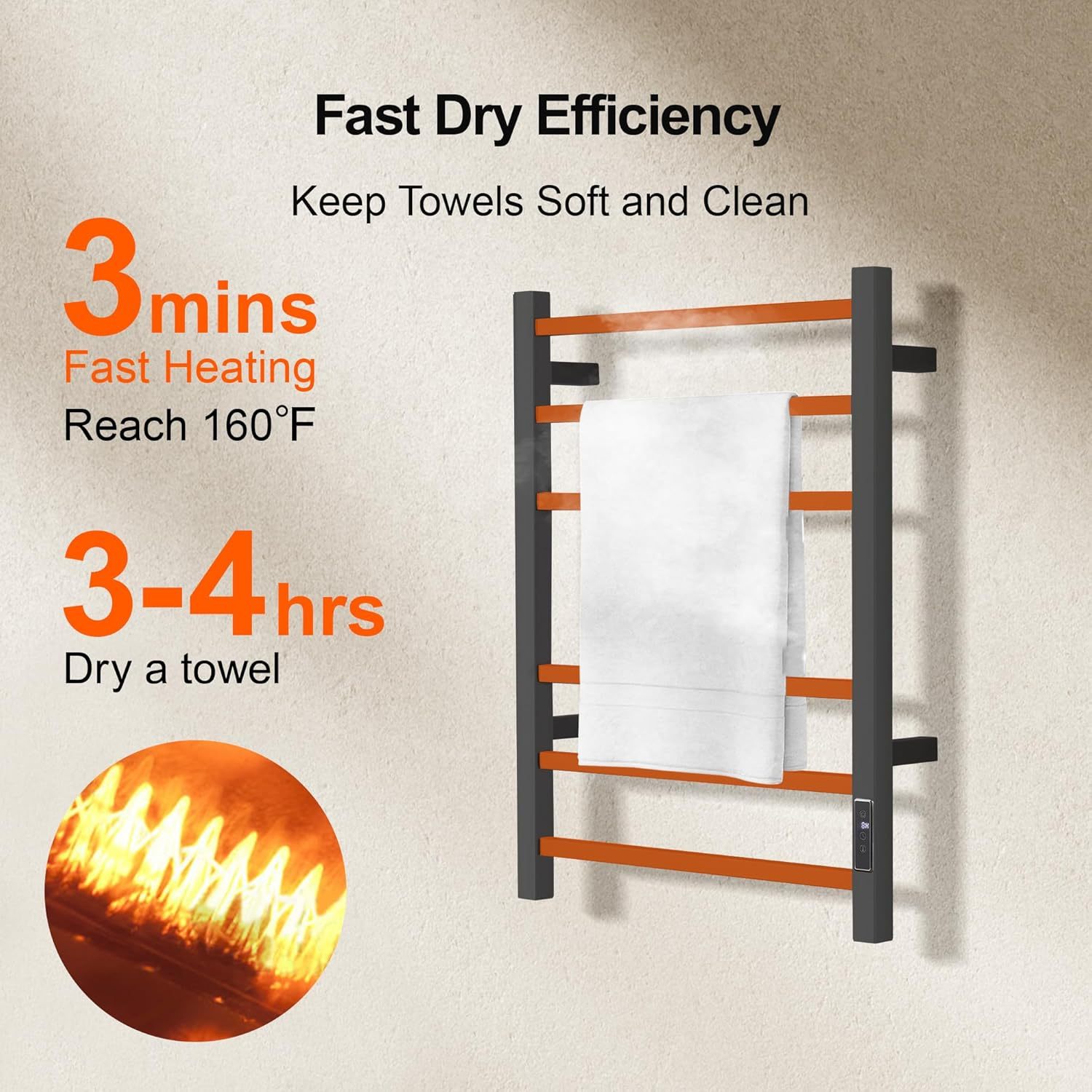 Electric Towel Warmer with Built-in Timer - Wall Mounted Bathroom Heated Towel Rack, Plug-in Design & Brushed Stainless Steel Finish Black