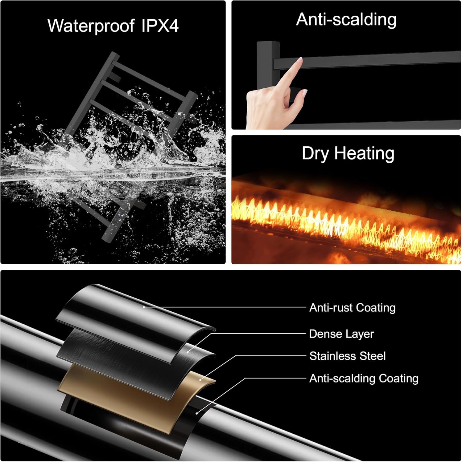 Electric Towel Warmer with Built-in Timer - Wall Mounted Bathroom Heated Towel Rack, Plug-in Design & Brushed Stainless Steel Finish Black