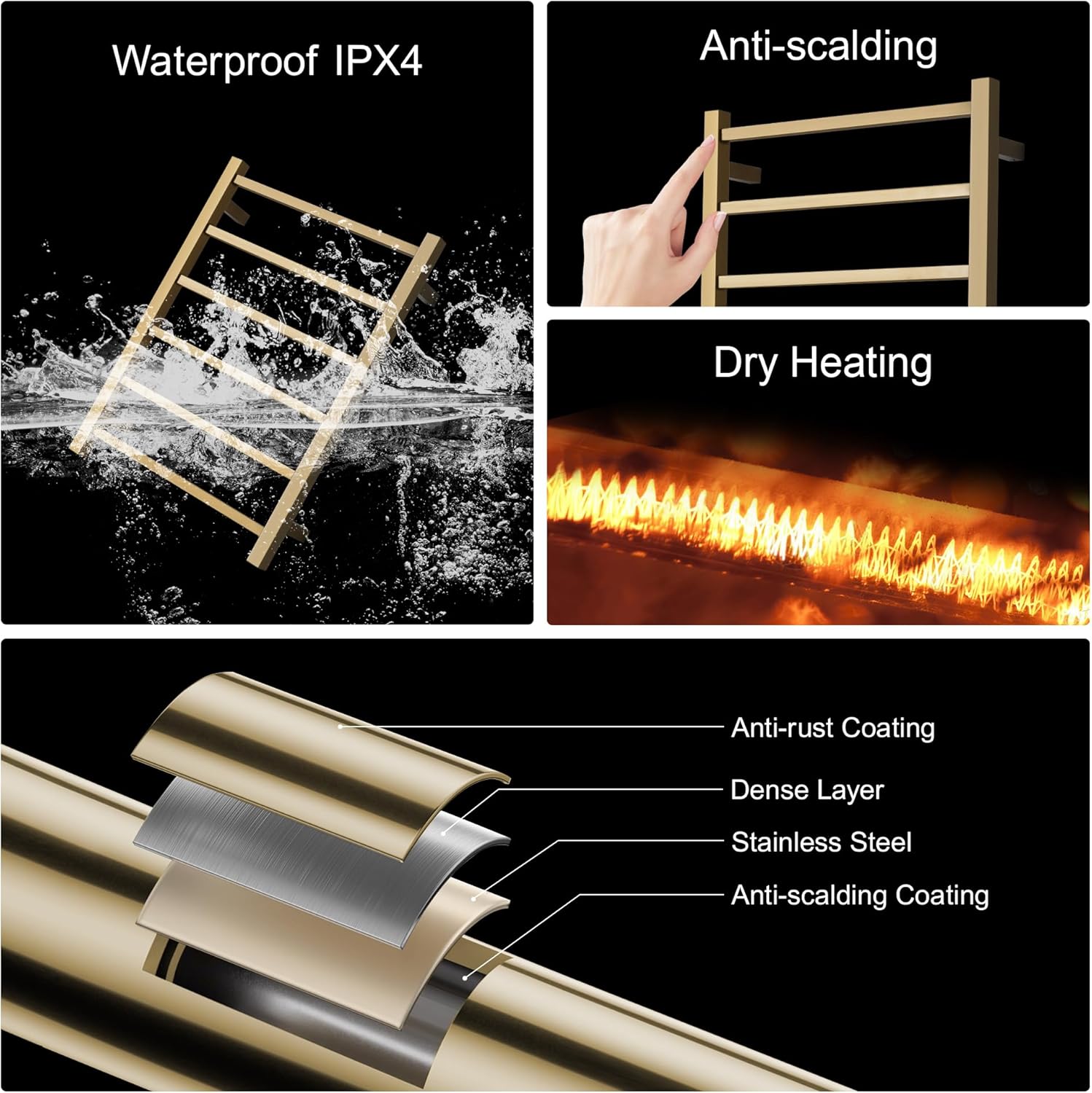 Wall Mounted Bathroom Heated Towel Rack, Plug-in Design & Brushed Stainless Steel Finish