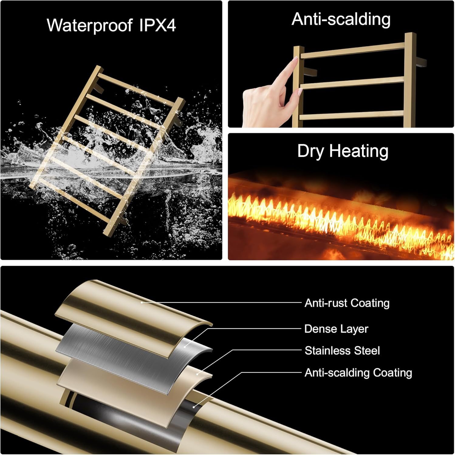 Wall Mounted Bathroom Heated Towel Rack, Plug-in Design & Brushed Stainless Steel Finish