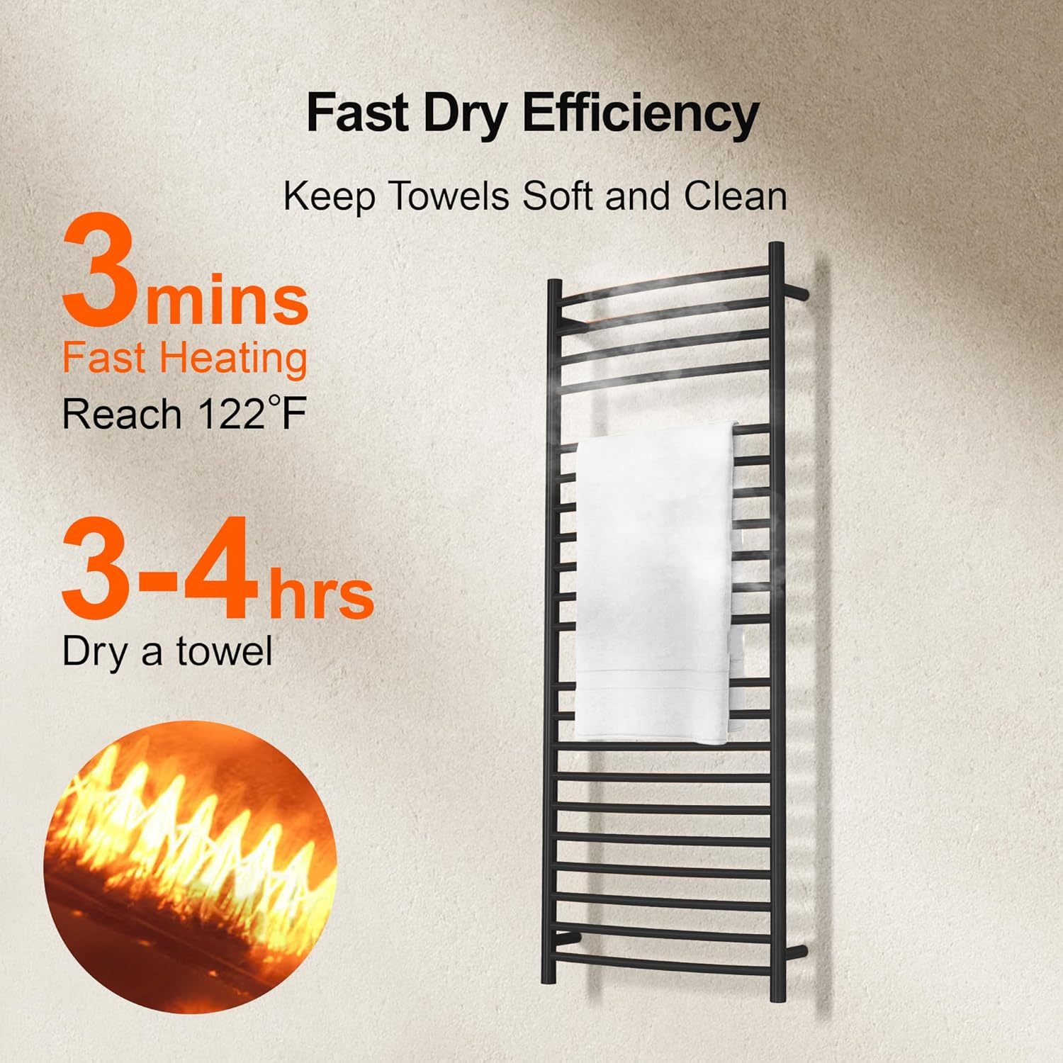 Wall Mounted Bathroom Heated Towel Rack, Plug-in Design & Brushed Stainless Steel Finish Black 21 Bar