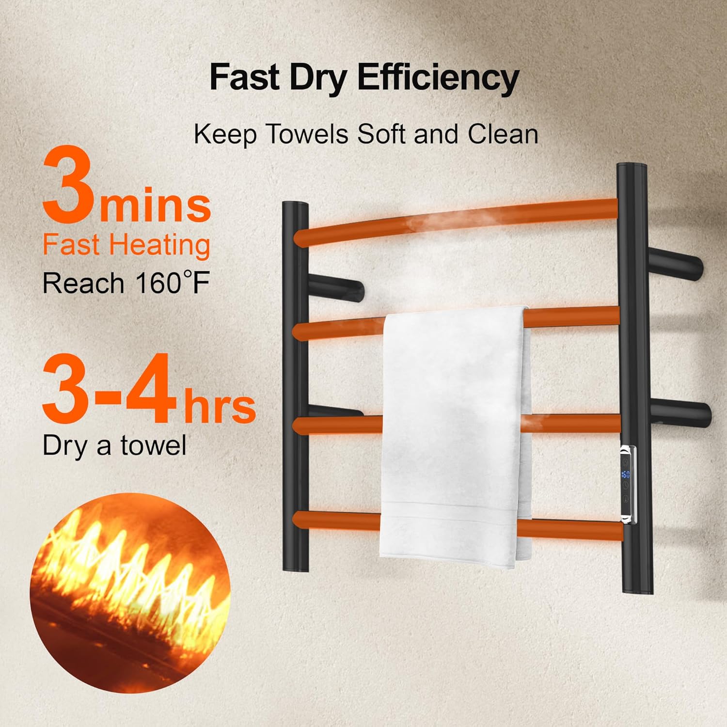 Electric Towel Warmer with Built-in Timer - Wall Mounted Bathroom Heated Towel Rack