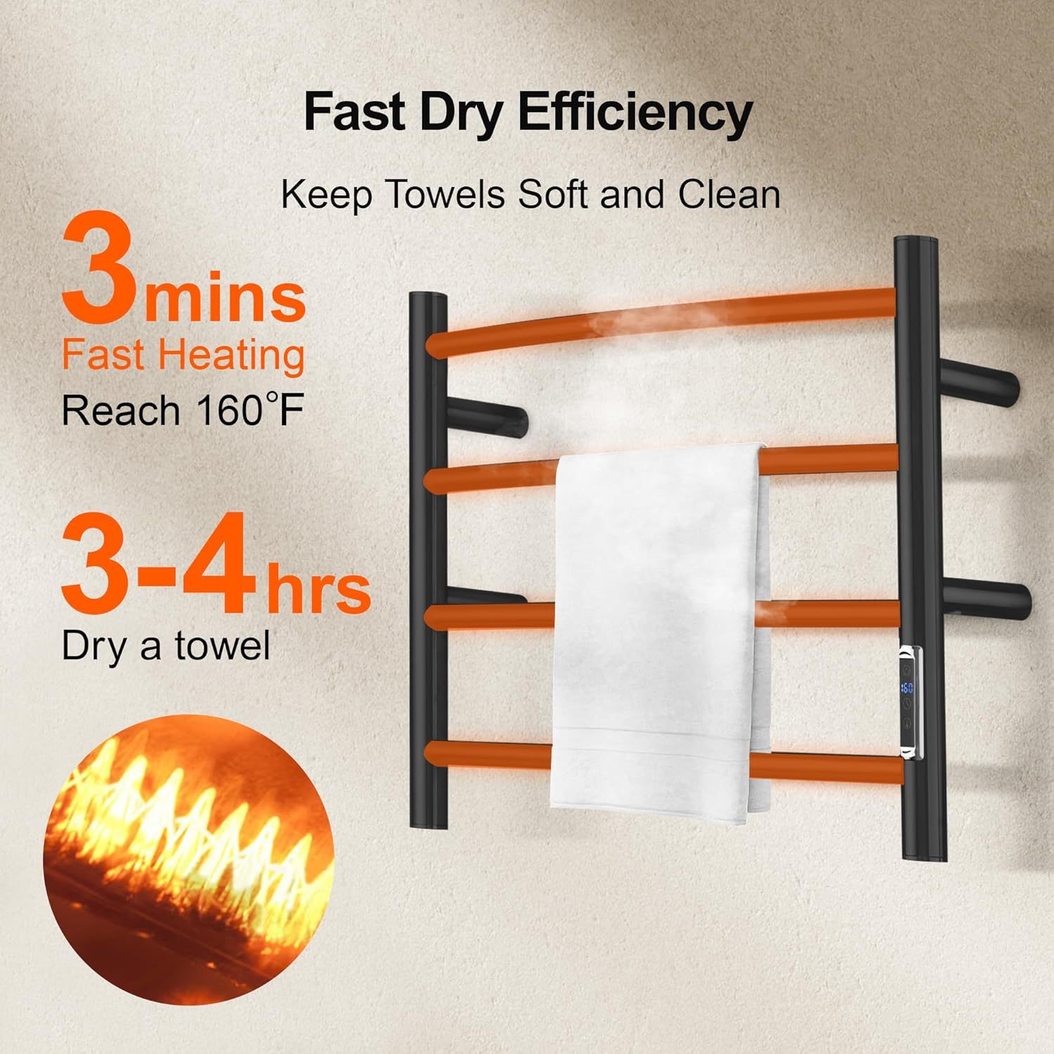 Electric Towel Warmer with Built-in Timer - Wall Mounted Bathroom Heated Towel Rack
