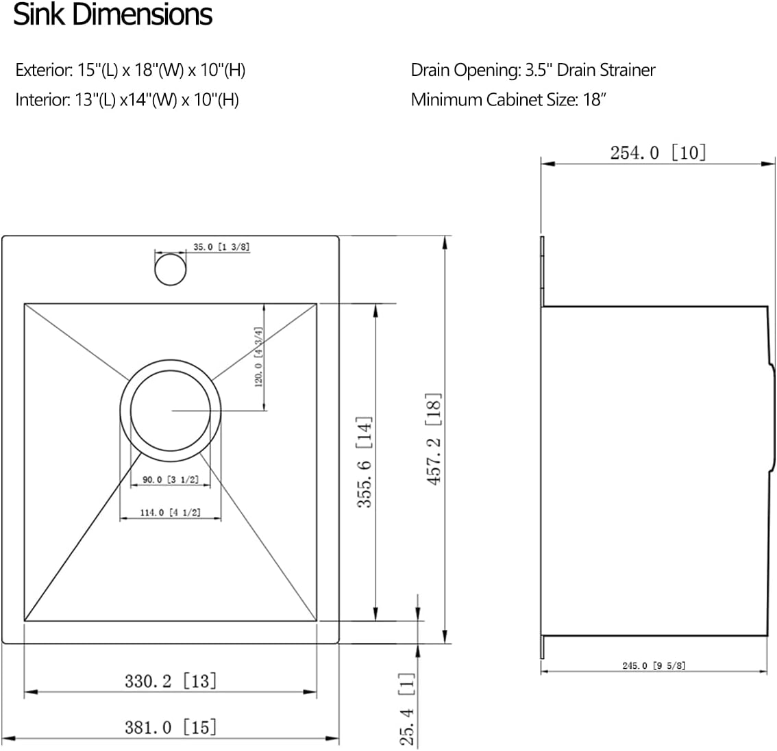 15 Inches Drop In Stainless Steel Kitchen Bar Sink, 15” x 18” x 10” 18 Gauge Stainless Steel Kitchen Outdoor Sink