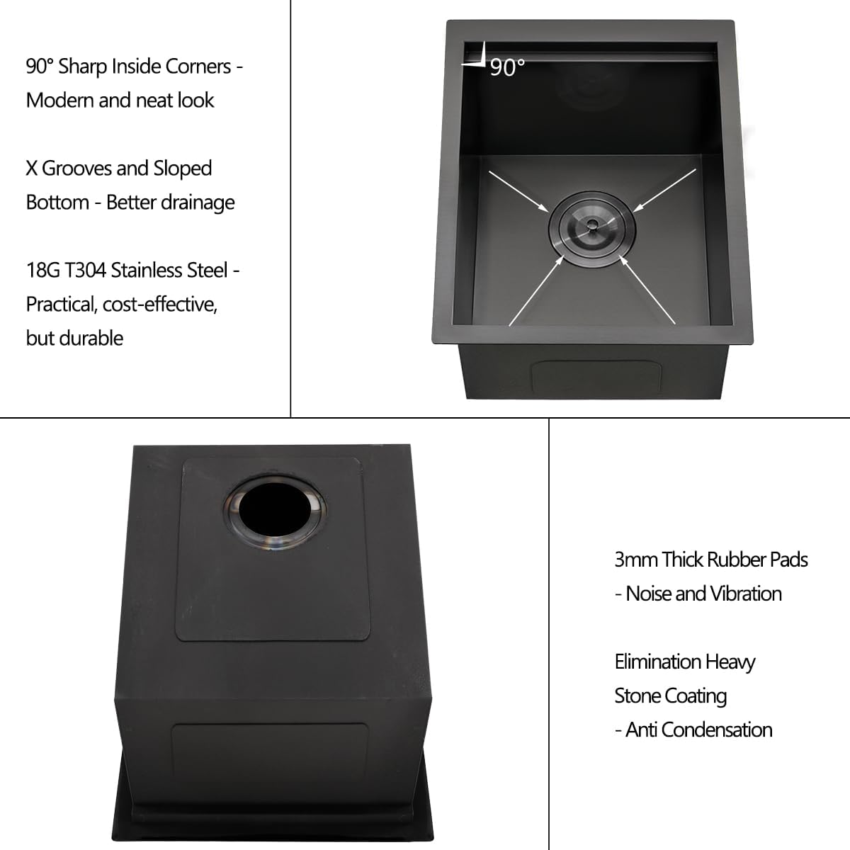 15 Black Undermount Kitchen Bar Sink, 15” x 18” x 9” 18 Gauge Black Stainless Steel Undermount Workstation Outdoor Small Kitchen Sink