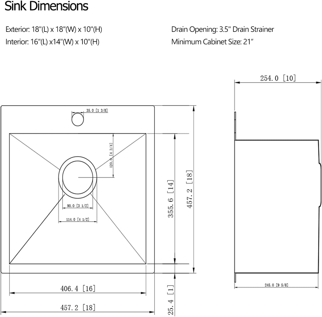 18 Inch Drop In Stainless Steel Kitchen Bar Sink, 18” x 18” x 10” 18 Gauge Stainless Steel Small Kitchen Outdoor Sink