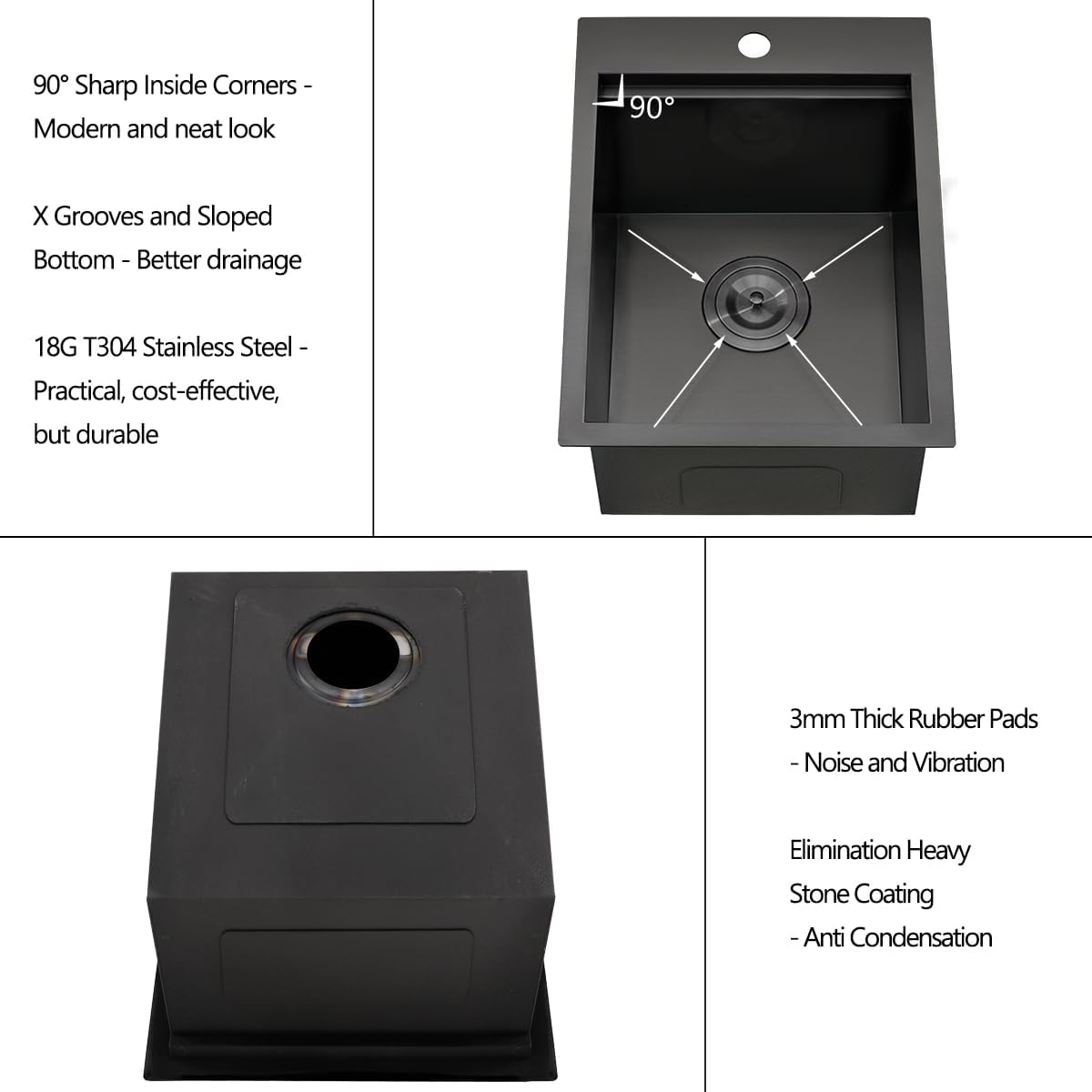 15 Black Drop In Kitchen Bar Sink, 15” x 20” x 10” Nano Black Stainless Steel Drop In Workstation Small Kitchen Outdoor Sink