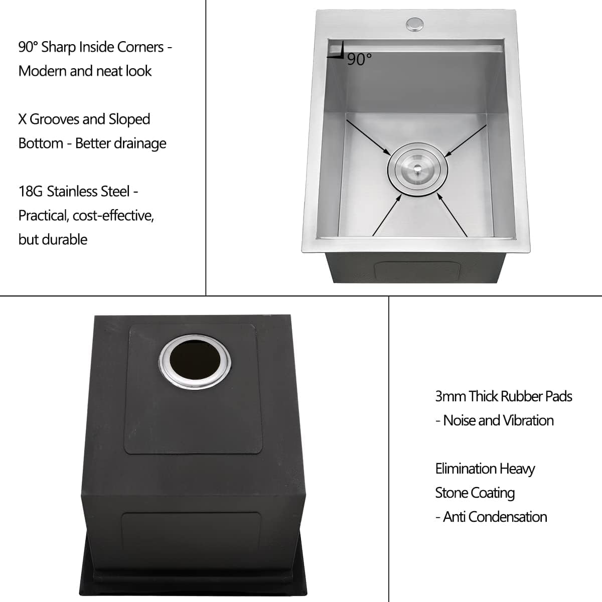 15 Drop In Stainless Steel Kitchen Bar Sink, 15” x 20” x 10” 18 Gauge Stainless Steel Outdoor Small Kitchen Sink