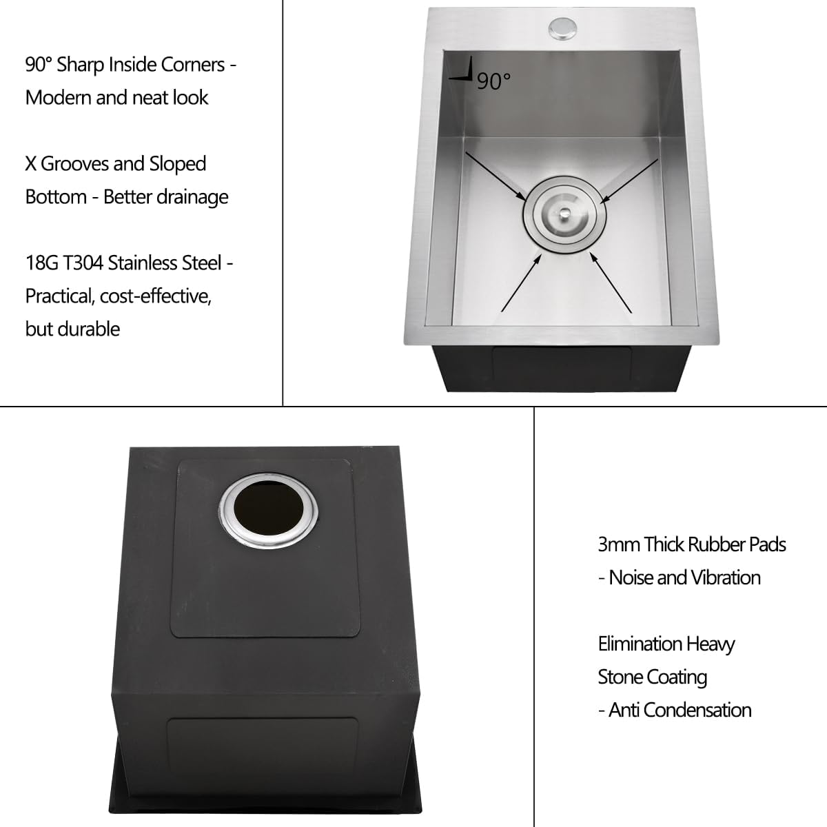 15 Inches Drop In Stainless Steel Kitchen Bar Sink, 15” x 18” x 10” 18 Gauge Stainless Steel Kitchen Outdoor Sink