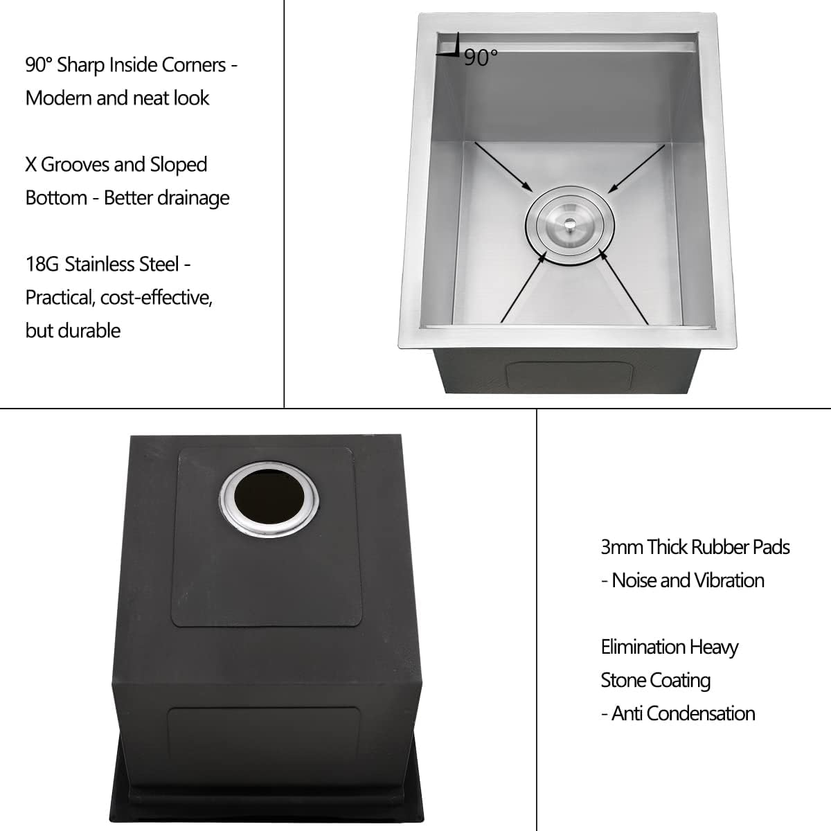 15 Inch Undermount Stainless Steel Kitchen Bar Sink, 15” x 18” x 9” 18 Gauge Stainless Steel Undermount Workstation Outdoor Small Kitchen Sink