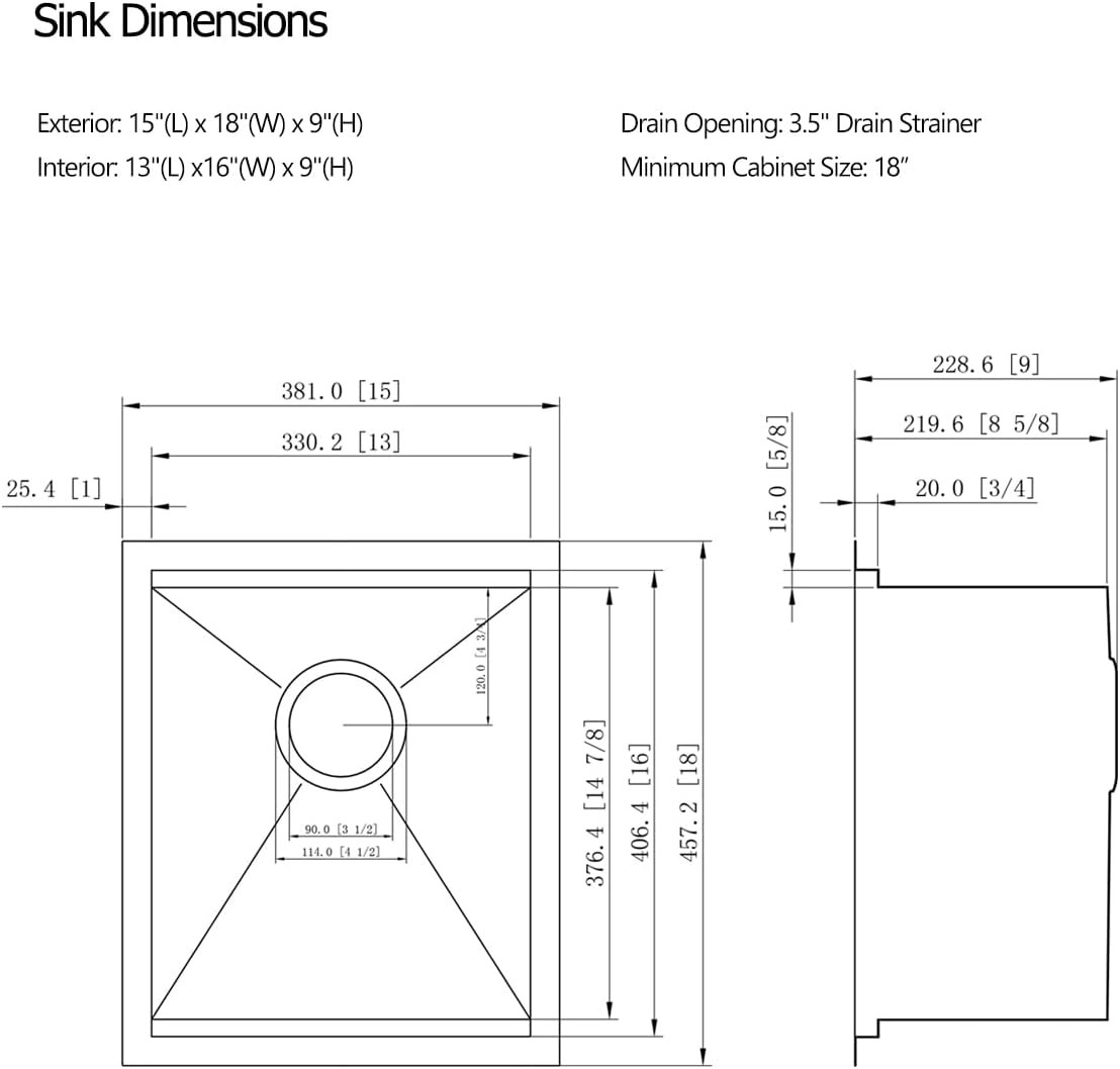 15 Inch Undermount Stainless Steel Kitchen Bar Sink, 15” x 18” x 9” 18 Gauge Stainless Steel Undermount Workstation Outdoor Small Kitchen Sink