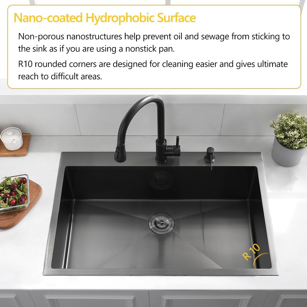 33 Black Drop in Kitchen Sink, 33x22 Inches 16 Gauge Nano Black Stainless Steel Topmount Single Bowl Kitchen Sink
