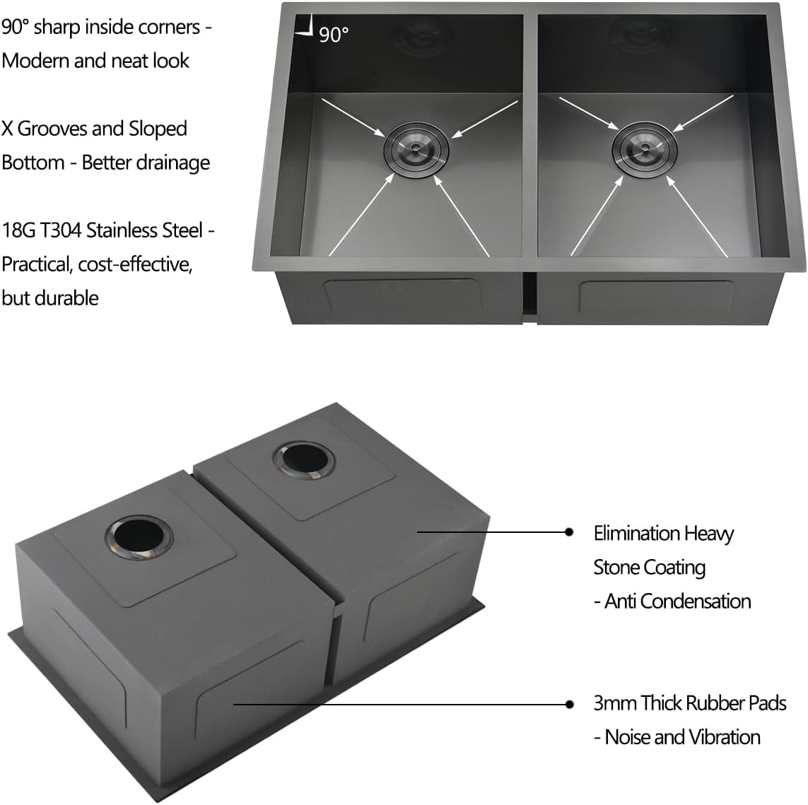 30 Black Stainless Steel Undermount Double Bowl Kitchen Sink, 30x20x9.8 Inch Nano Back Stainless Steel Undermount Double Bowl Kitchen Sink with Accessories