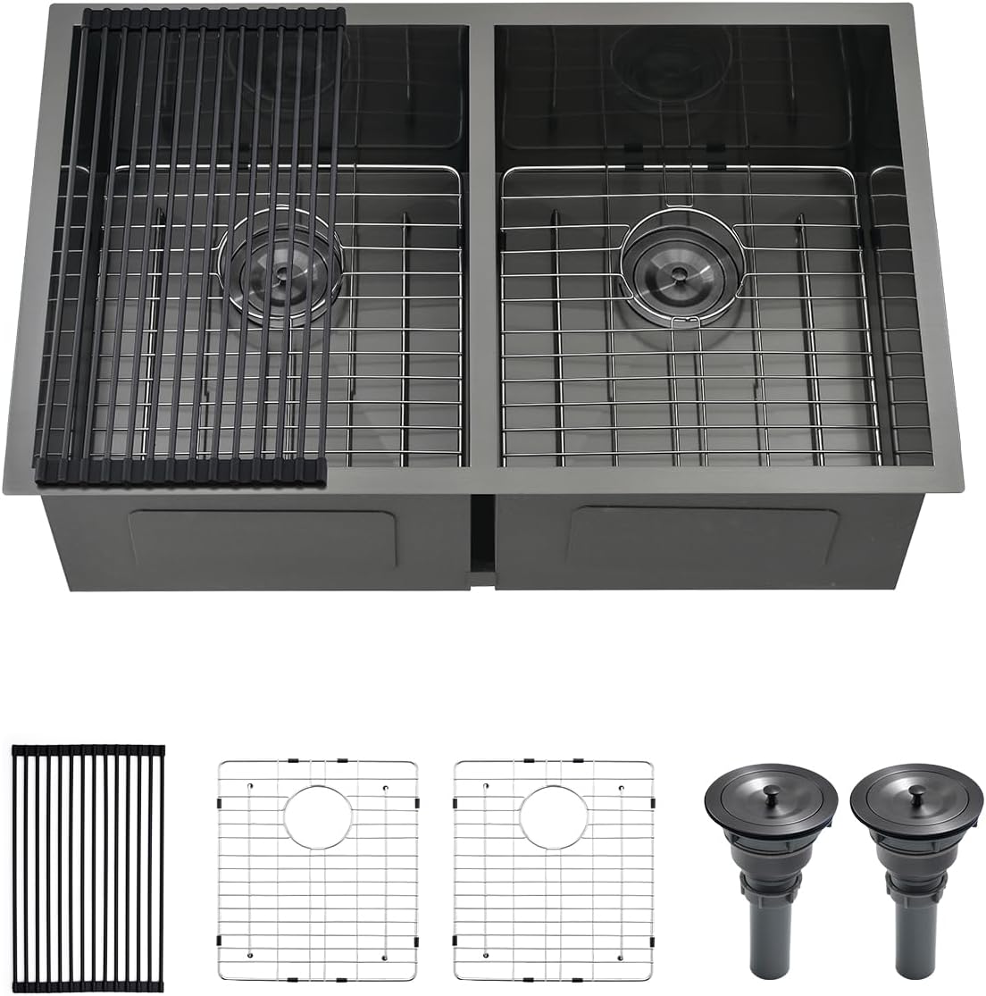30 Black Stainless Steel Undermount Double Bowl Kitchen Sink, 30x20x9.8 Inch Nano Back Stainless Steel Undermount Double Bowl Kitchen Sink with Accessories