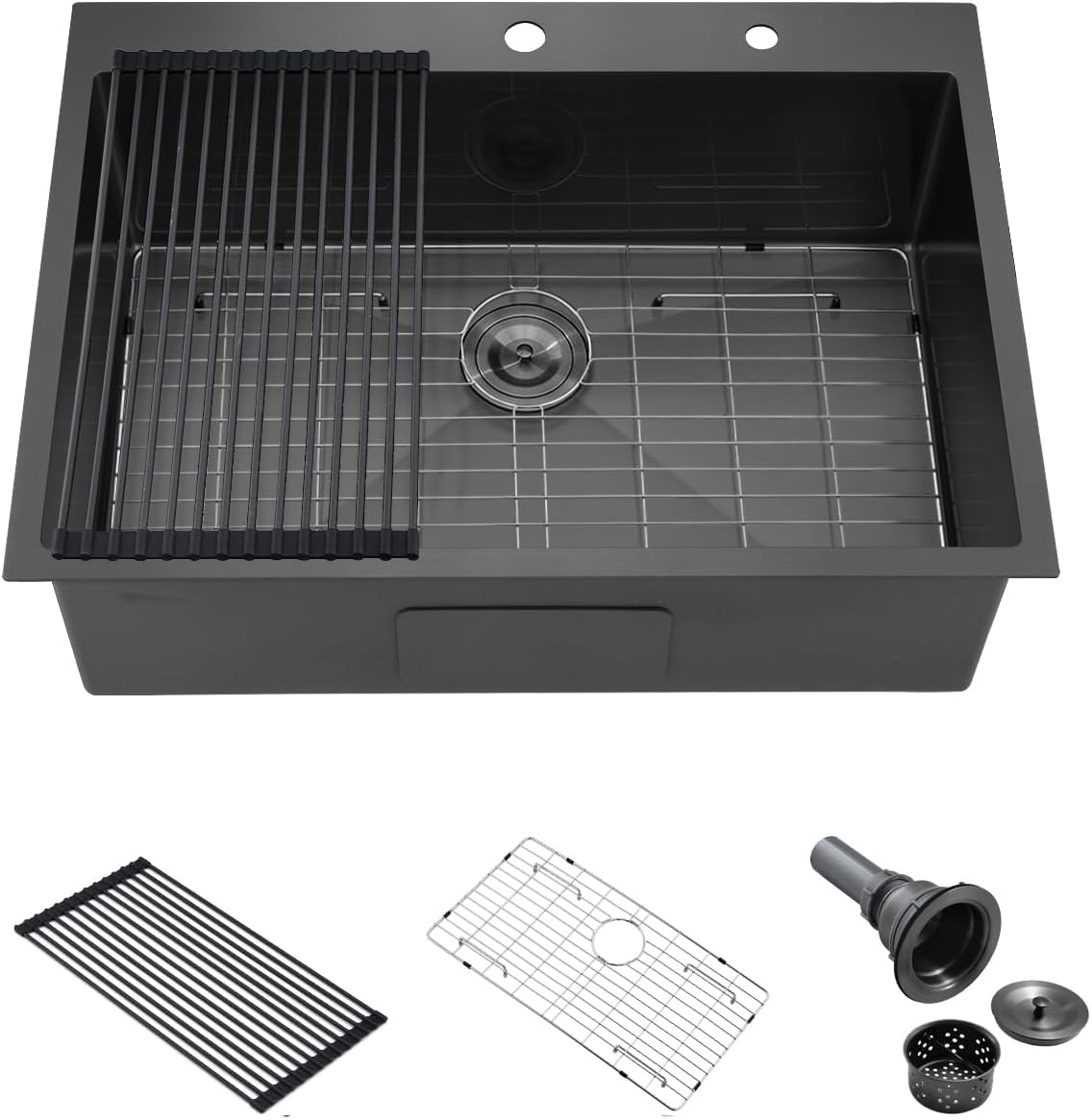 28 Drop In Black Stainless Steel Kitchen Sink, 28x22x10 Inches 16 Gauge Nano Black Stainless Steel Topmount Kitchen Sink