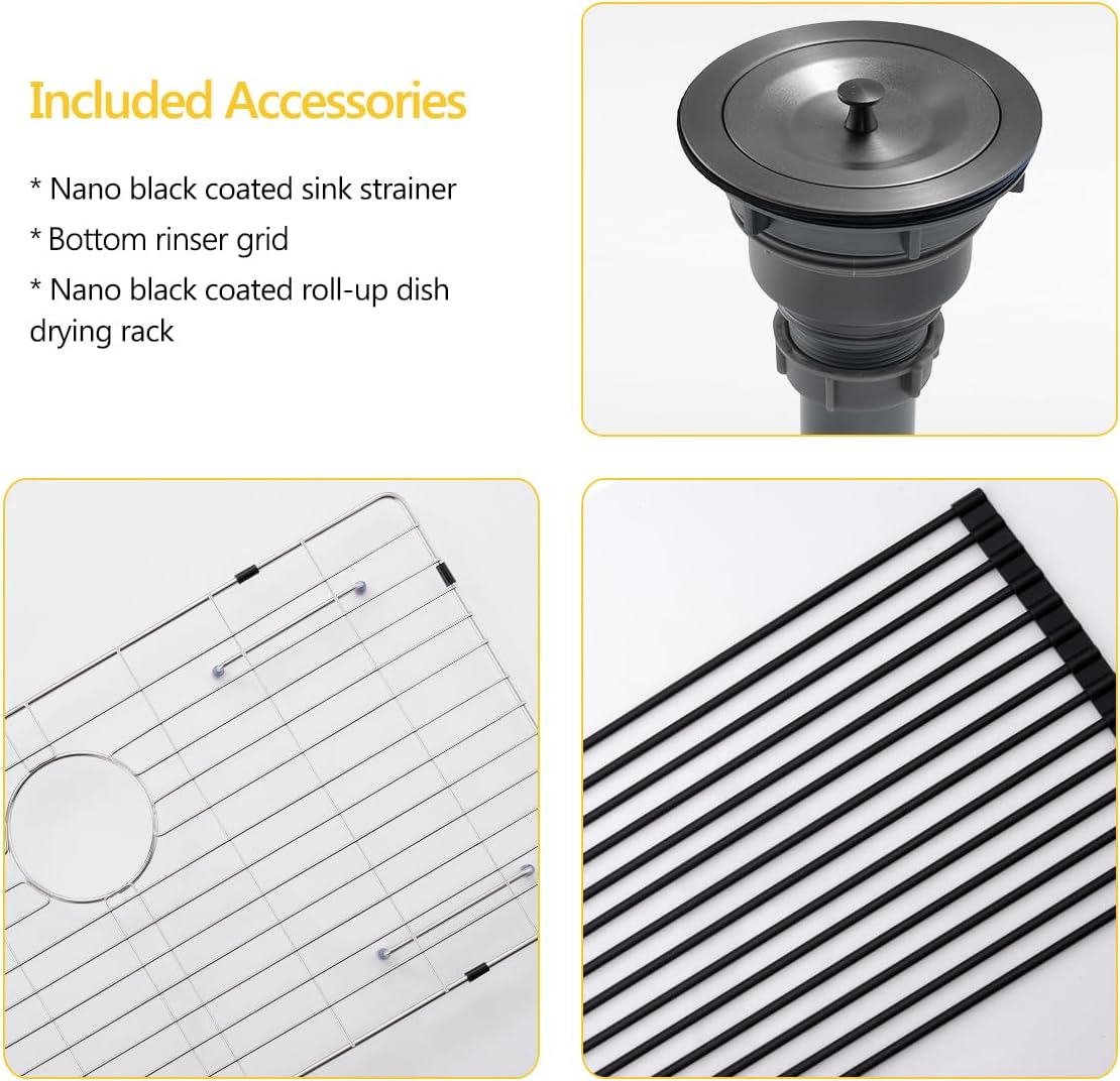 33 Black Drop in Kitchen Sink, 33x22 Inches 16 Gauge Nano Black Stainless Steel Topmount Single Bowl Kitchen Sink