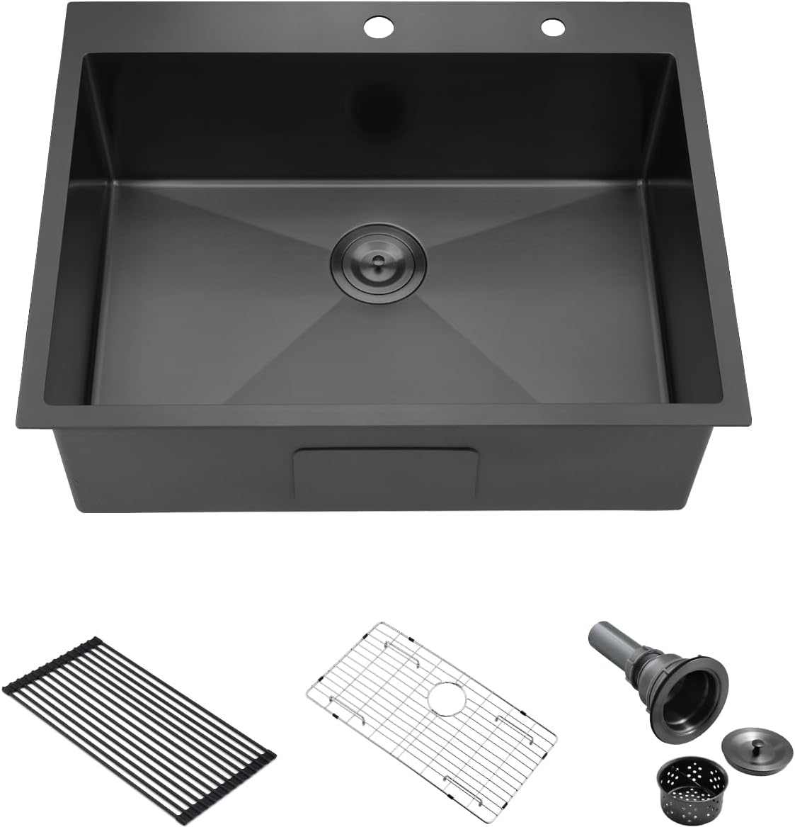 25 Black Drop In Kitchen Sink, 25x22x10 Inches 16 Gauge Nano Black Stainless Steel Top mount Single Bowl Kitchen Sink