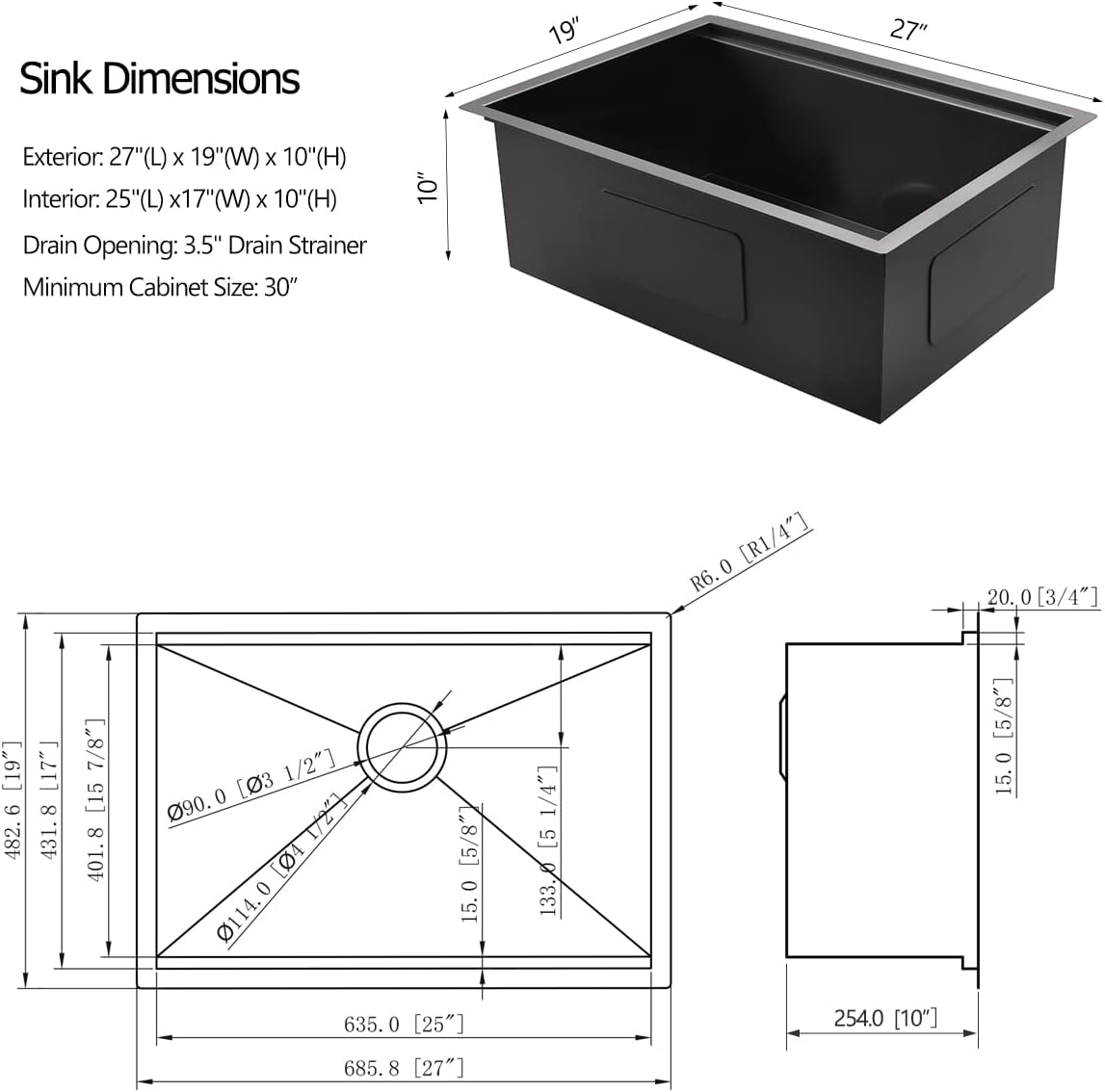 27 Inch Black Stainless Steel Undermount Kitchen Sink, 27x19x10 Inches 16 Gauge Deep Black Stainless Steel Undermount Workstation Kitchen Sink