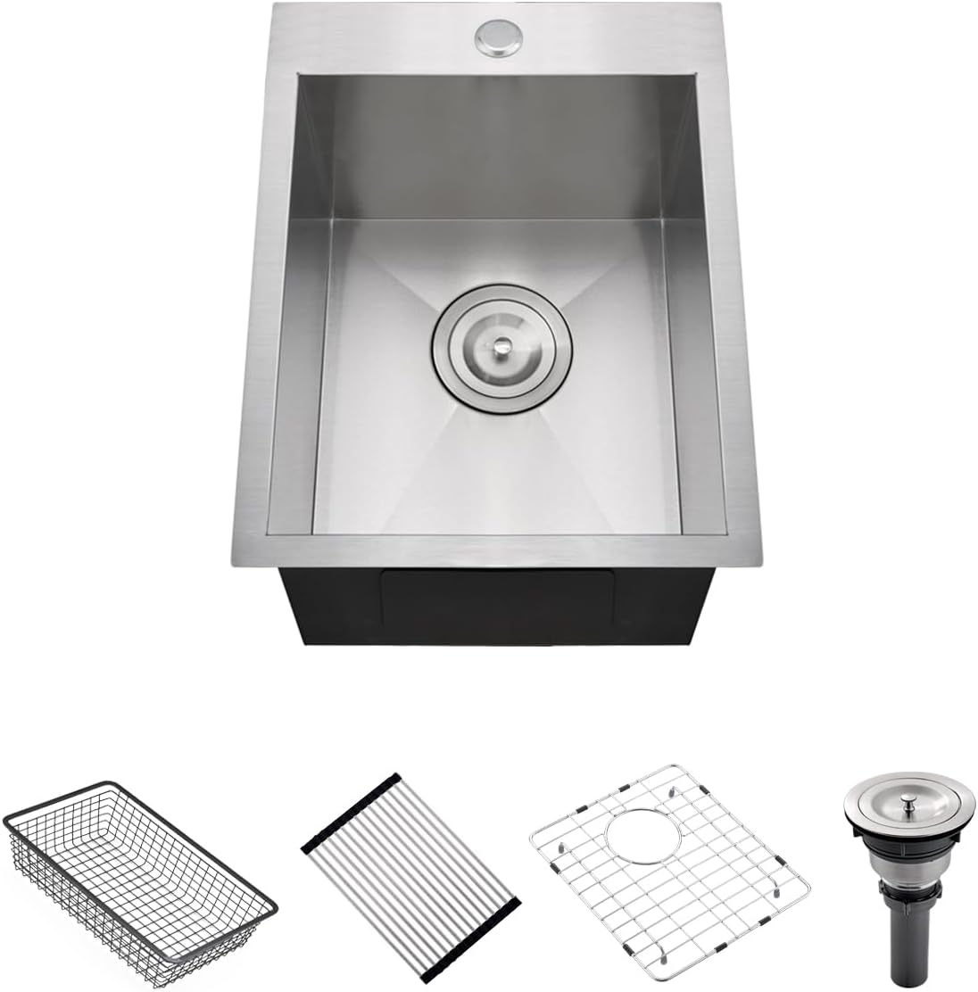 15 Inches Drop In Stainless Steel Kitchen Bar Sink, 15” x 18” x 10” 18 Gauge Stainless Steel Kitchen Outdoor Sink