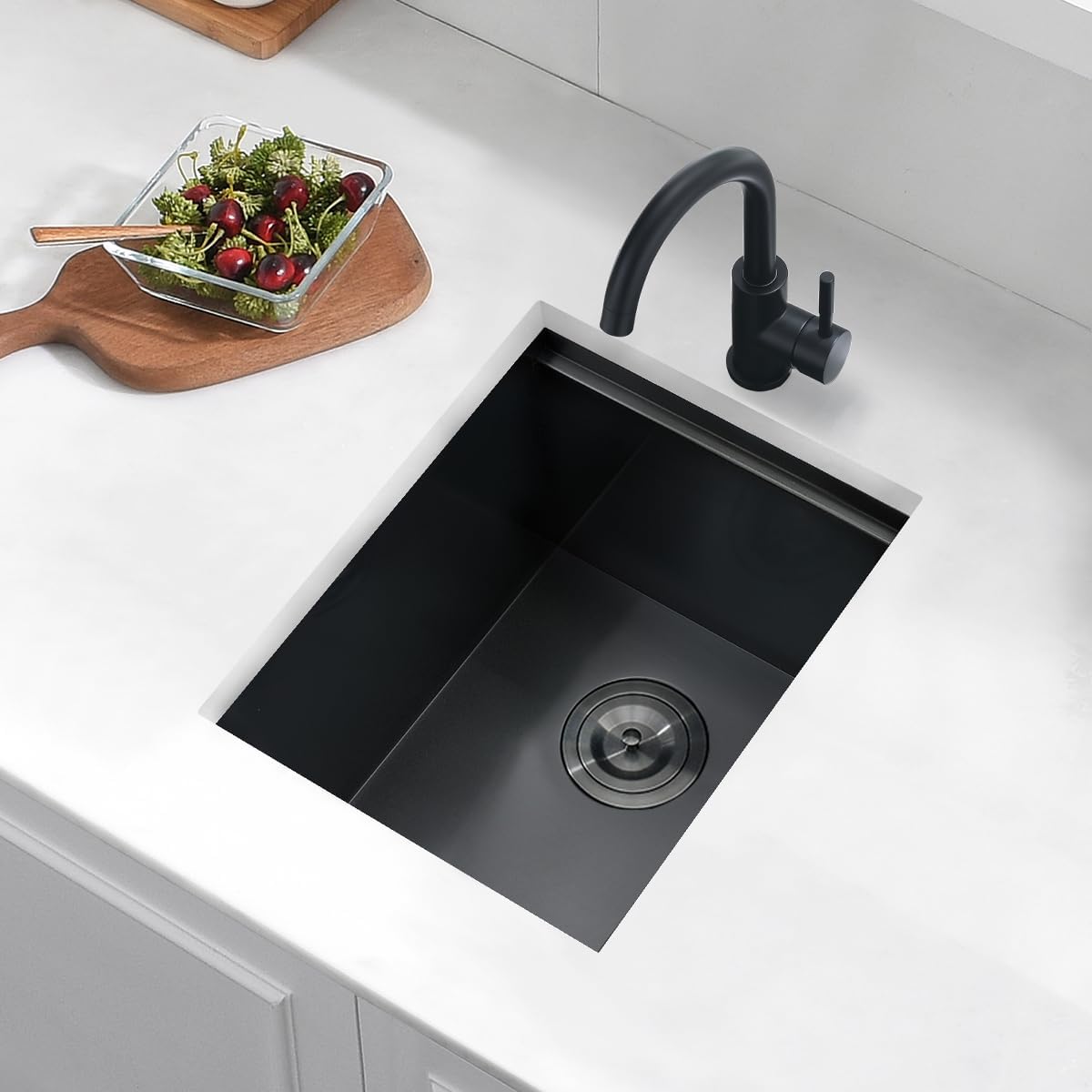 15 Black Undermount Kitchen Bar Sink, 15” x 18” x 9” 18 Gauge Black Stainless Steel Undermount Workstation Outdoor Small Kitchen Sink