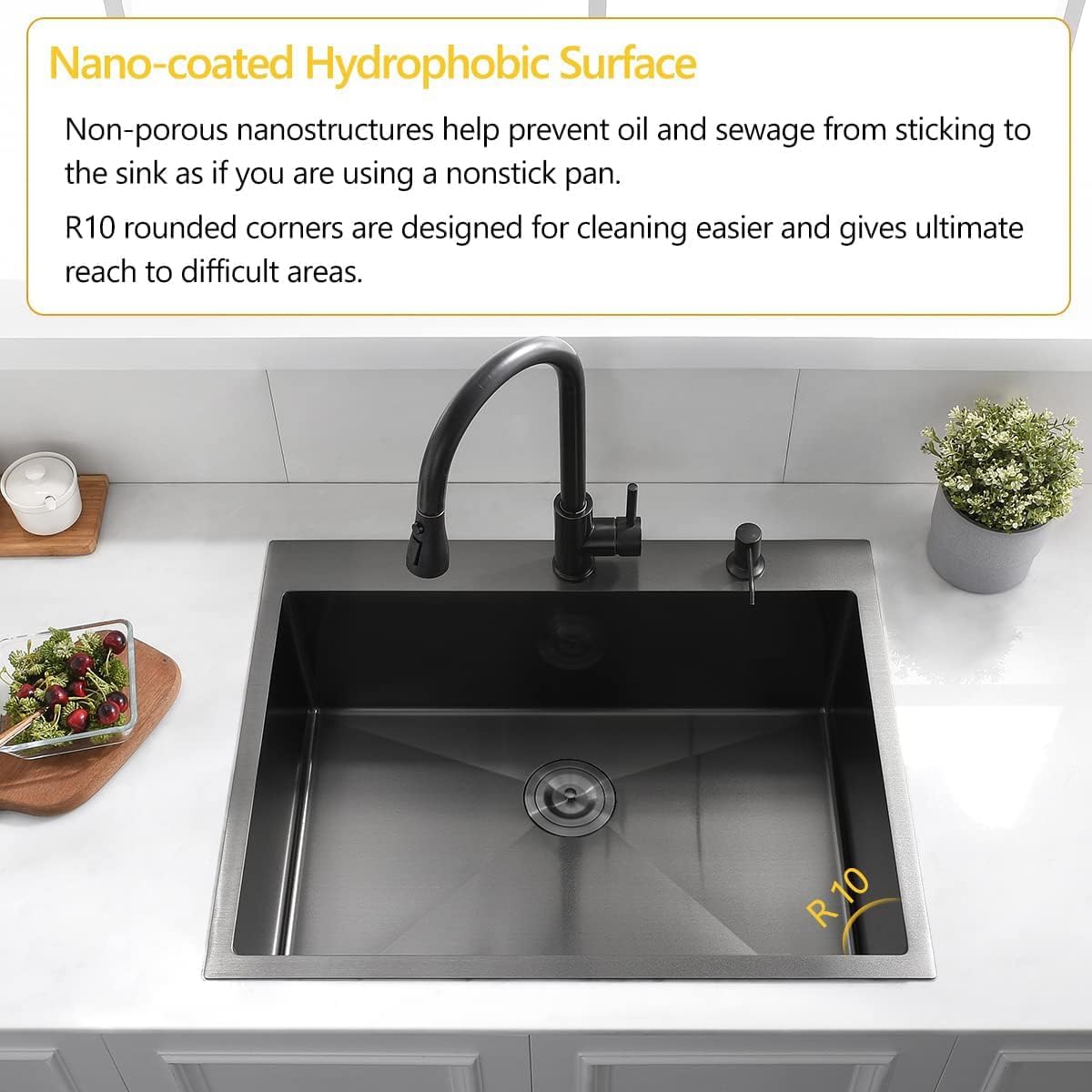28 Drop In Black Stainless Steel Kitchen Sink, 28x22x10 Inches 16 Gauge Nano Black Stainless Steel Topmount Kitchen Sink