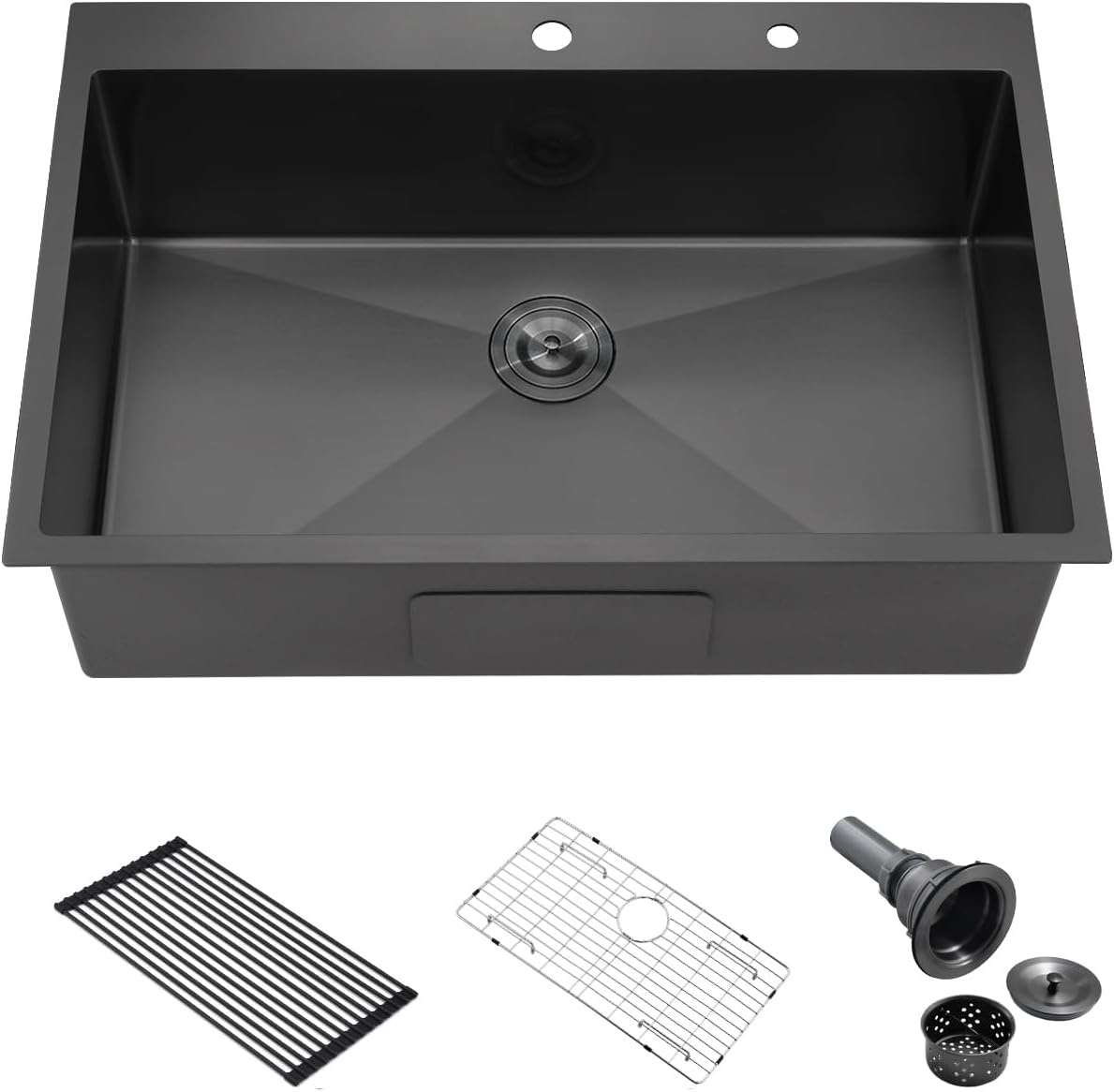 33 Black Drop in Kitchen Sink, 33x22 Inches 16 Gauge Nano Black Stainless Steel Topmount Single Bowl Kitchen Sink