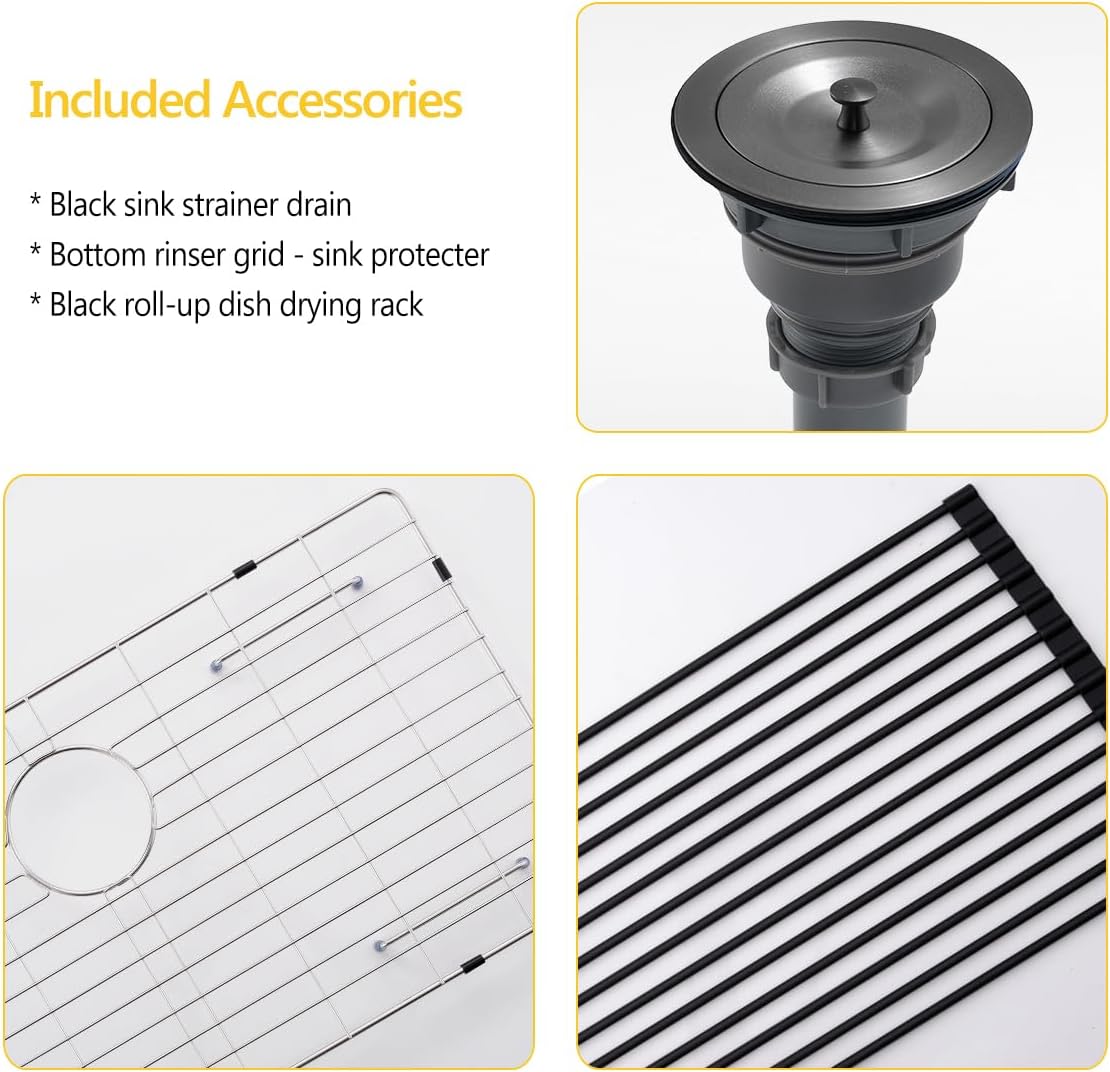 25 Black Drop In Kitchen Sink, 25x22x10 Inches 16 Gauge Nano Black Stainless Steel Top mount Single Bowl Kitchen Sink