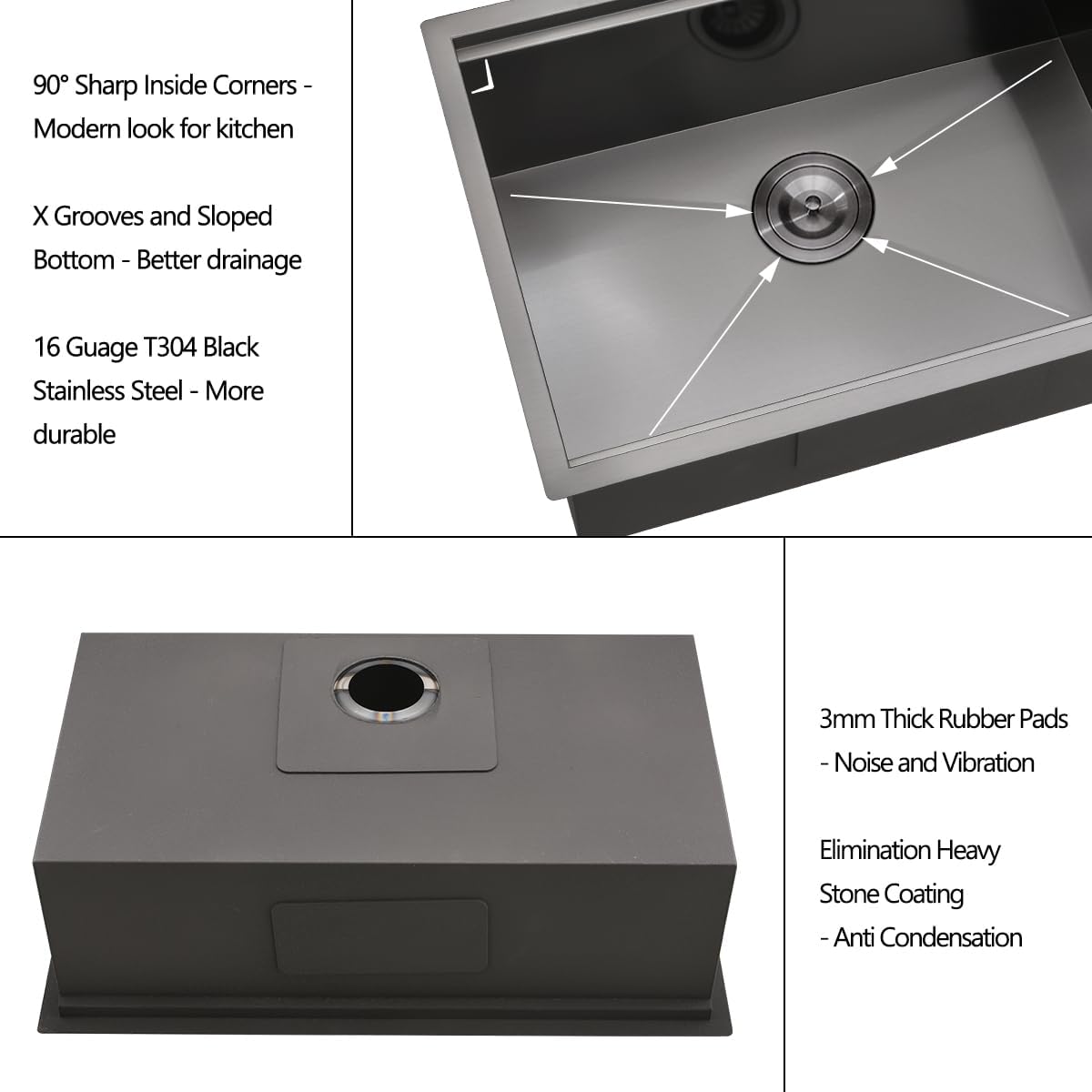 27 Inch Black Stainless Steel Undermount Kitchen Sink, 27x19x10 Inches 16 Gauge Deep Black Stainless Steel Undermount Workstation Kitchen Sink