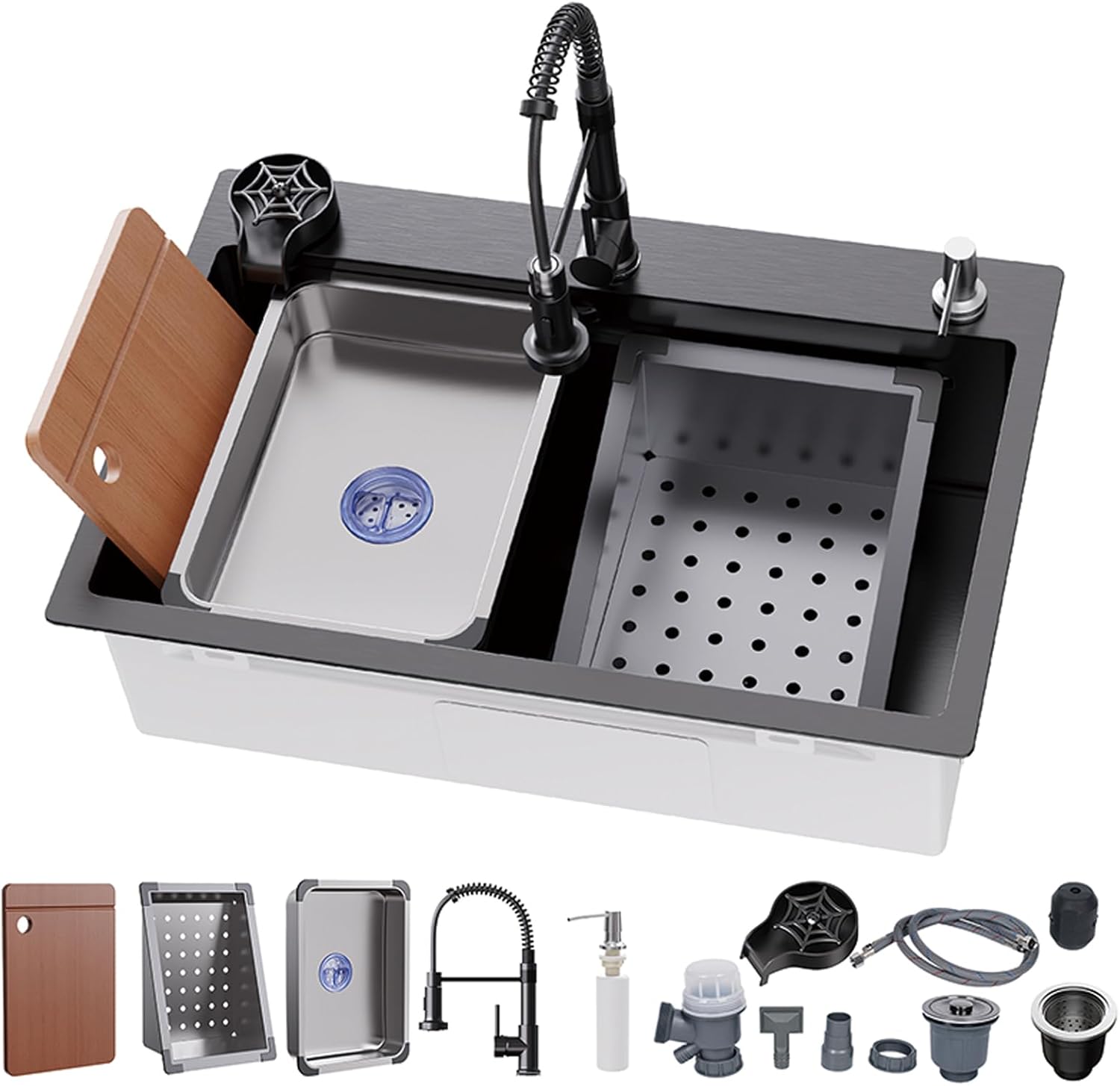 29.5 * 17.7 inch Kitchen Sink, Single Bowl Stainless Steel Sink Multifunctional Drop In Sink with Pull-Down Faucet and Multiple Accessories