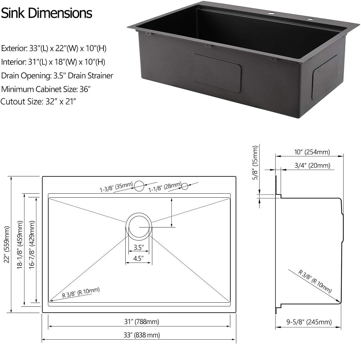15 Drop In Black Kitchen Bar Sink, 15x20x10 Inches 16 Gauge Gunmetal Black Stainless Steel Drop In Workstation Topmount Small Kitchen Sink
