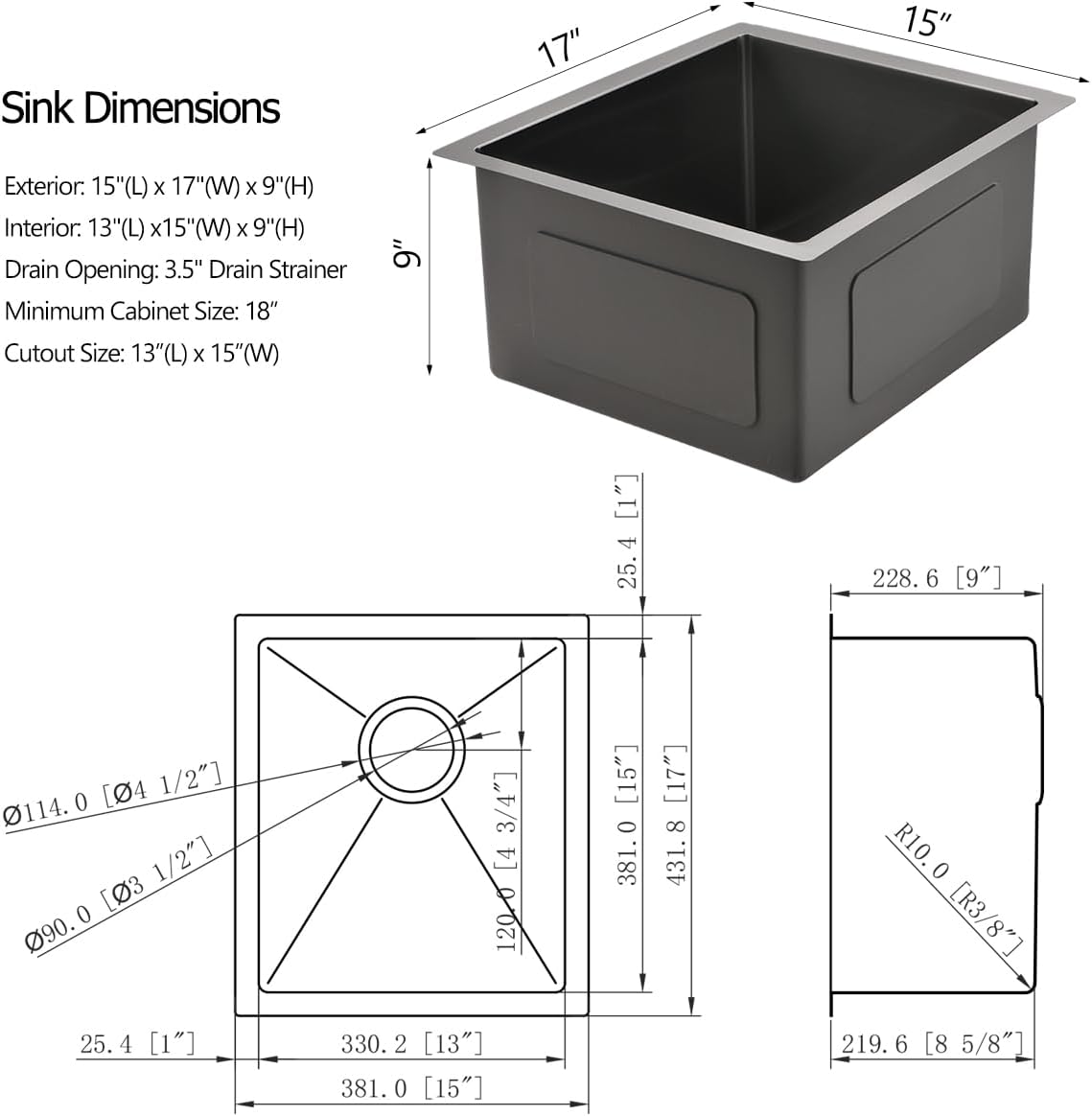 15x17 Black Undermount Kitchen Bar Sink, 16 Gauge Deep Gunmetal Black Stainless Steel Undermount Small Kitchen Sink
