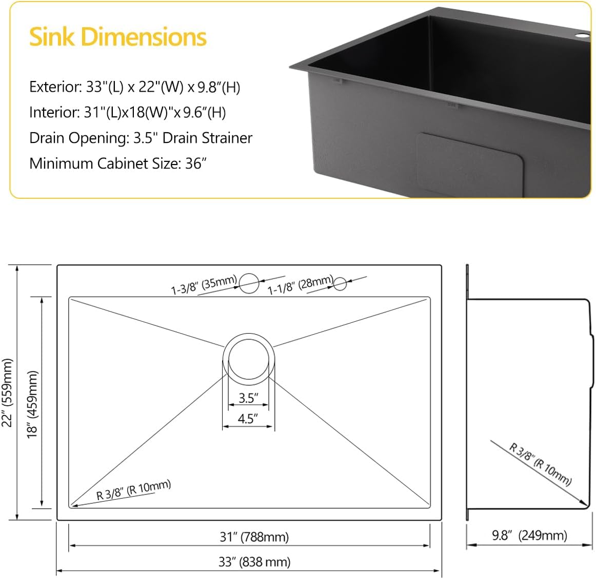 33 Black Drop in Kitchen Sink, 33x22 Inches 16 Gauge Nano Black Stainless Steel Topmount Single Bowl Kitchen Sink