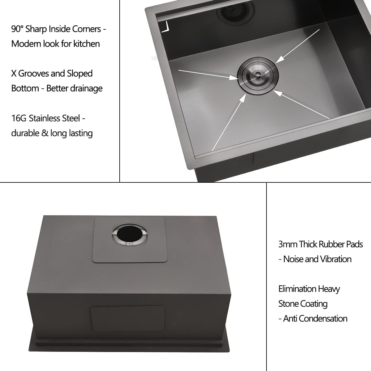23 Gunmetal Black Stainless Steel Undermount Kitchen Sink, 16 Gauge Deep Gunmetal Black Stainless Steel Undermount Workstation Kitchen Sink