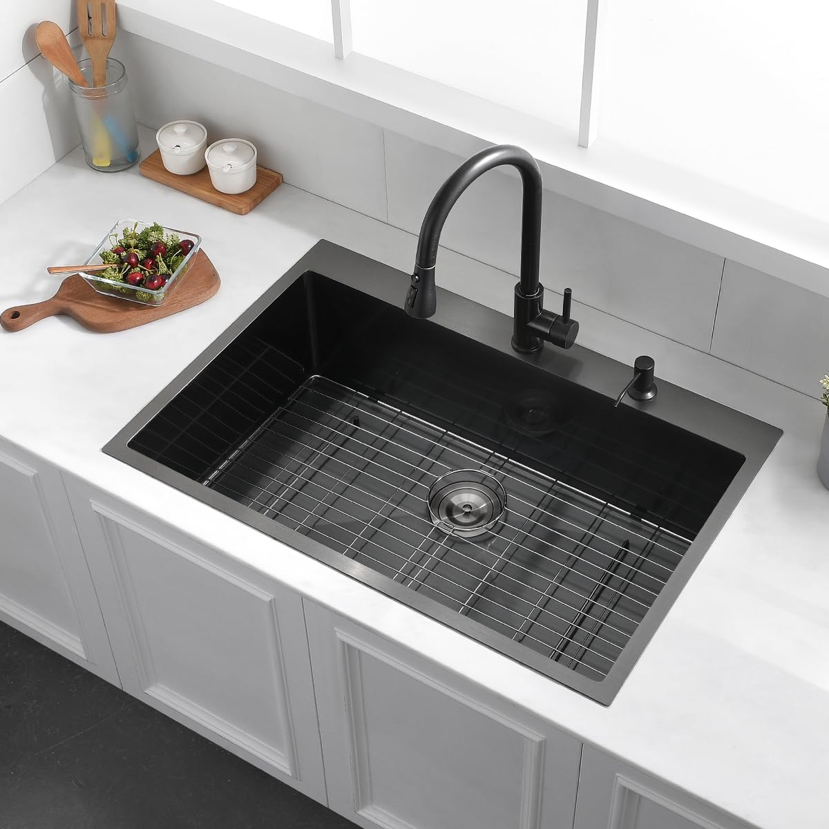33 Black Drop in Kitchen Sink, 33x22 Inches 16 Gauge Nano Black Stainless Steel Topmount Single Bowl Kitchen Sink