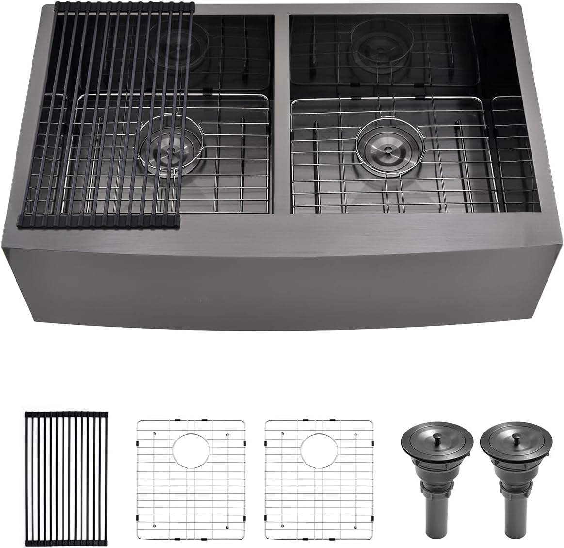 33 Inch Gunmetal Black Undermount Double Bowl Kitchen Farmhouse Sink, 16 Gauge Deep Gunmetal Black Stainless Steel 33x20 Undermount Double Bowl Kitchen Sink with Apron Front