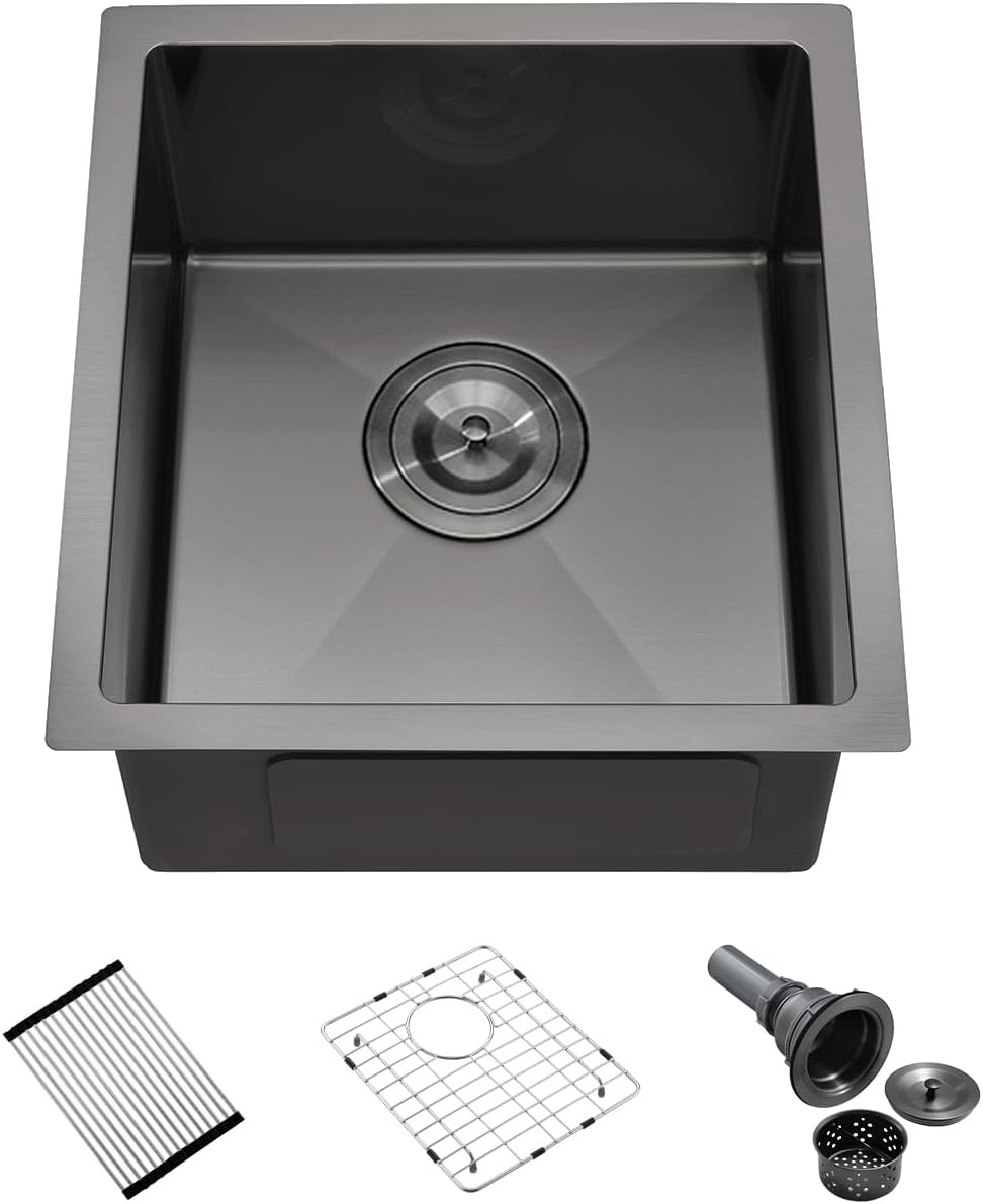 15x17 Black Undermount Kitchen Bar Sink, 16 Gauge Deep Gunmetal Black Stainless Steel Undermount Small Kitchen Sink