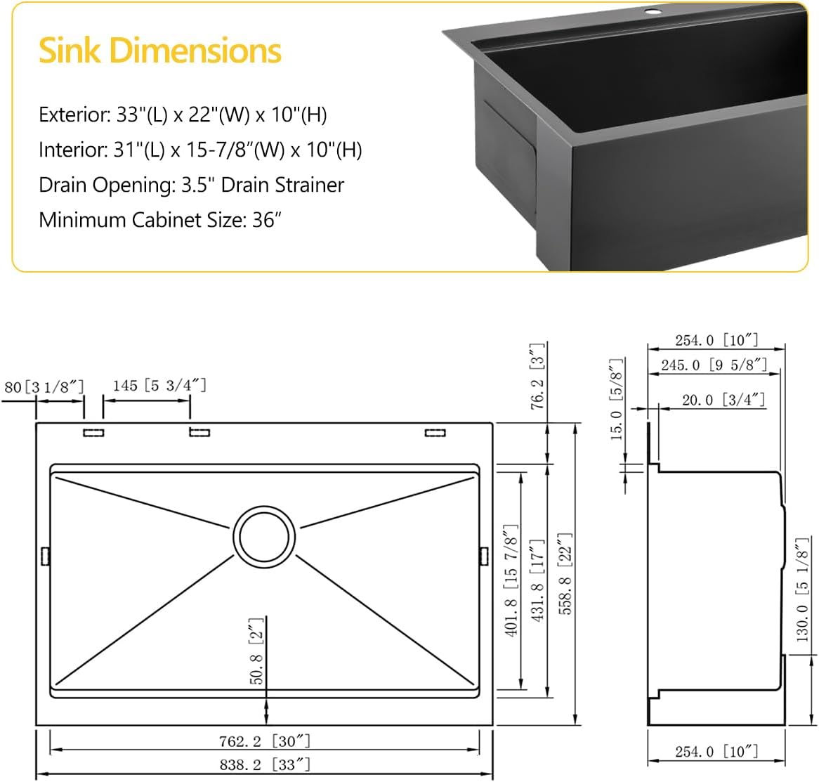 33 Gunmetal Black Drop In Kitchen Farmhouse Sink, 16 Gauge 33x22 Black Stainless Steel Drop in Top mount Workstation Farmhouse Kitchen Sink with Apron Front