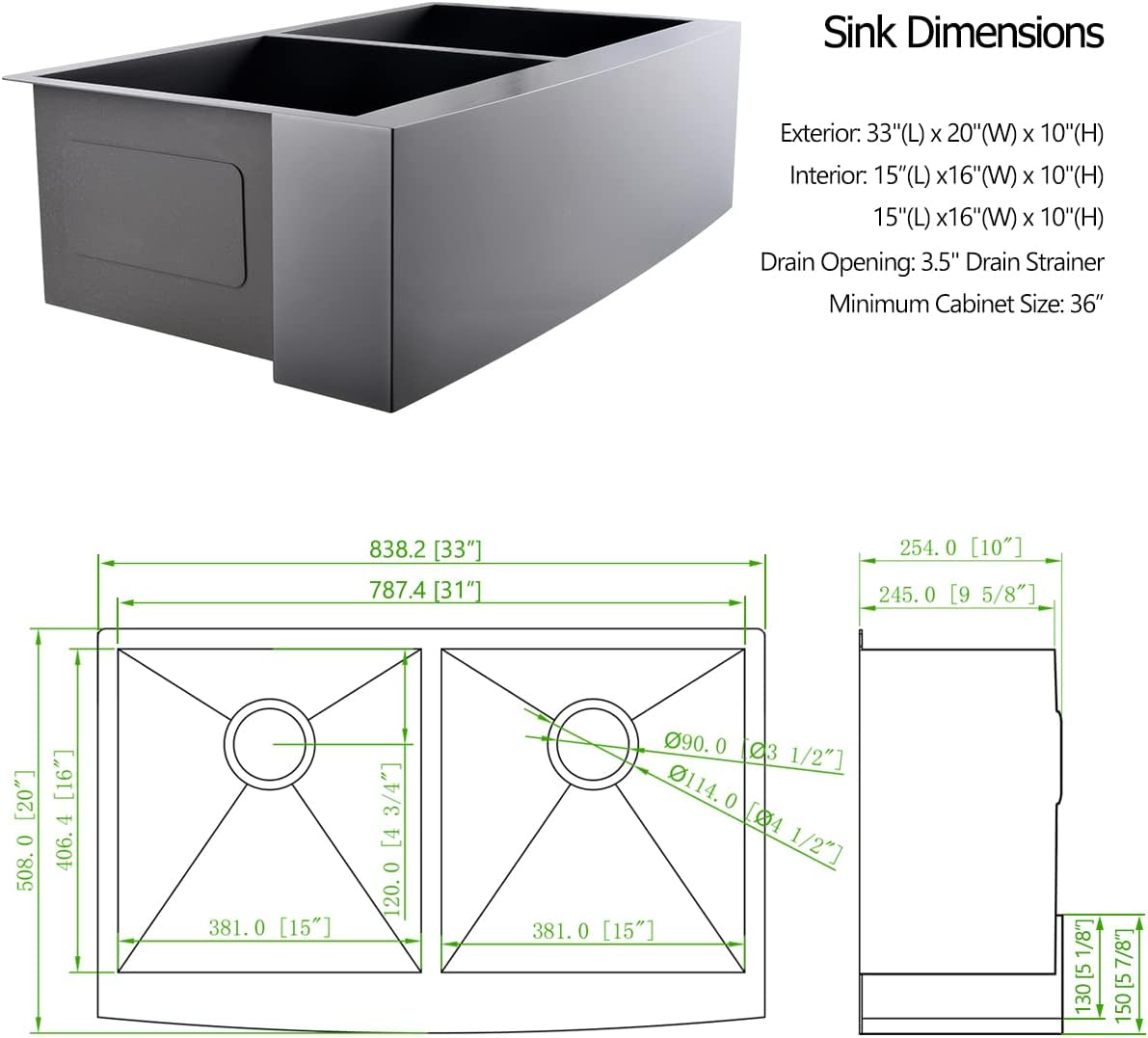 33 Inch Gunmetal Black Undermount Double Bowl Kitchen Farmhouse Sink, 16 Gauge Deep Gunmetal Black Stainless Steel 33x20 Undermount Double Bowl Kitchen Sink with Apron Front