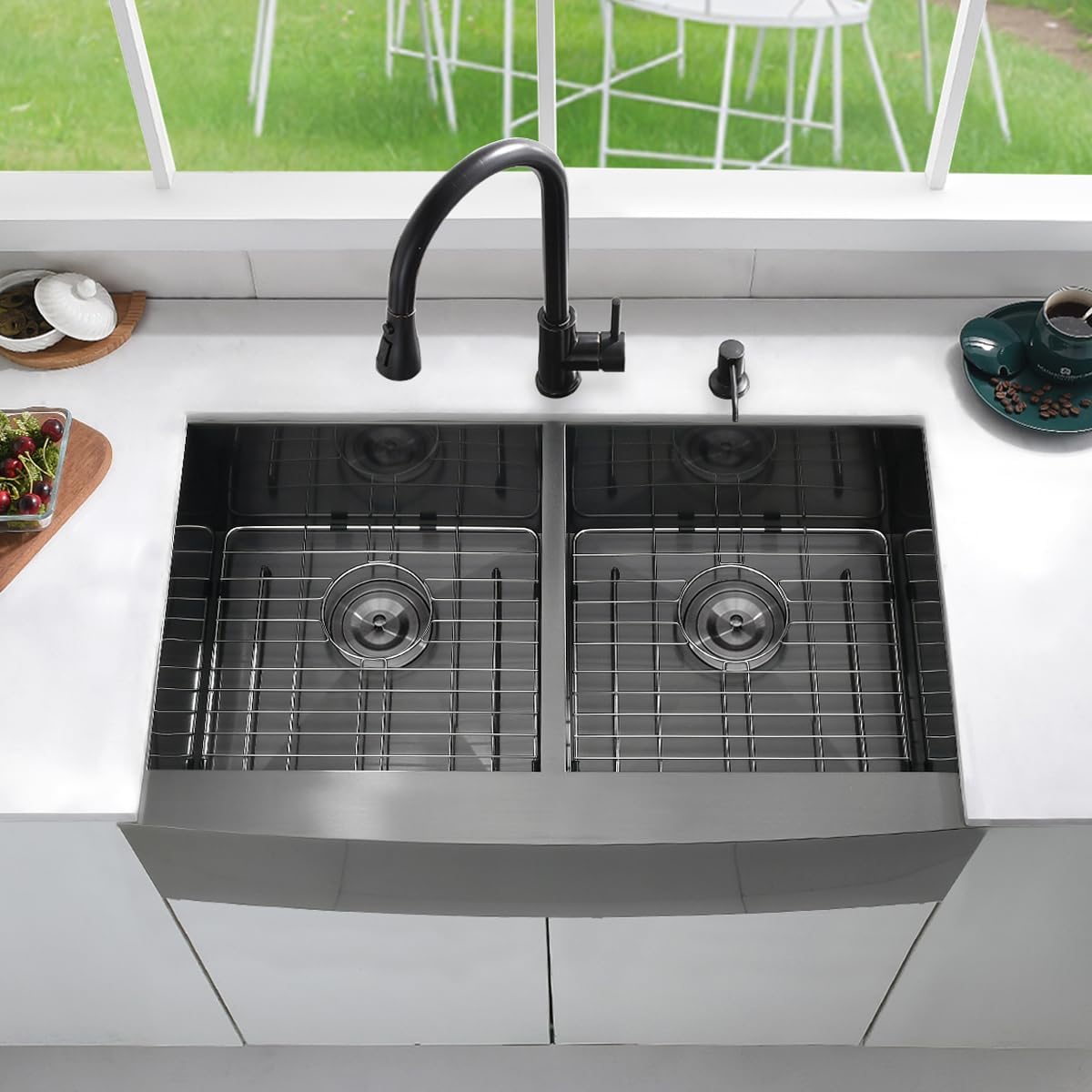 33 Inch Gunmetal Black Undermount Double Bowl Kitchen Farmhouse Sink, 16 Gauge Deep Gunmetal Black Stainless Steel 33x20 Undermount Double Bowl Kitchen Sink with Apron Front
