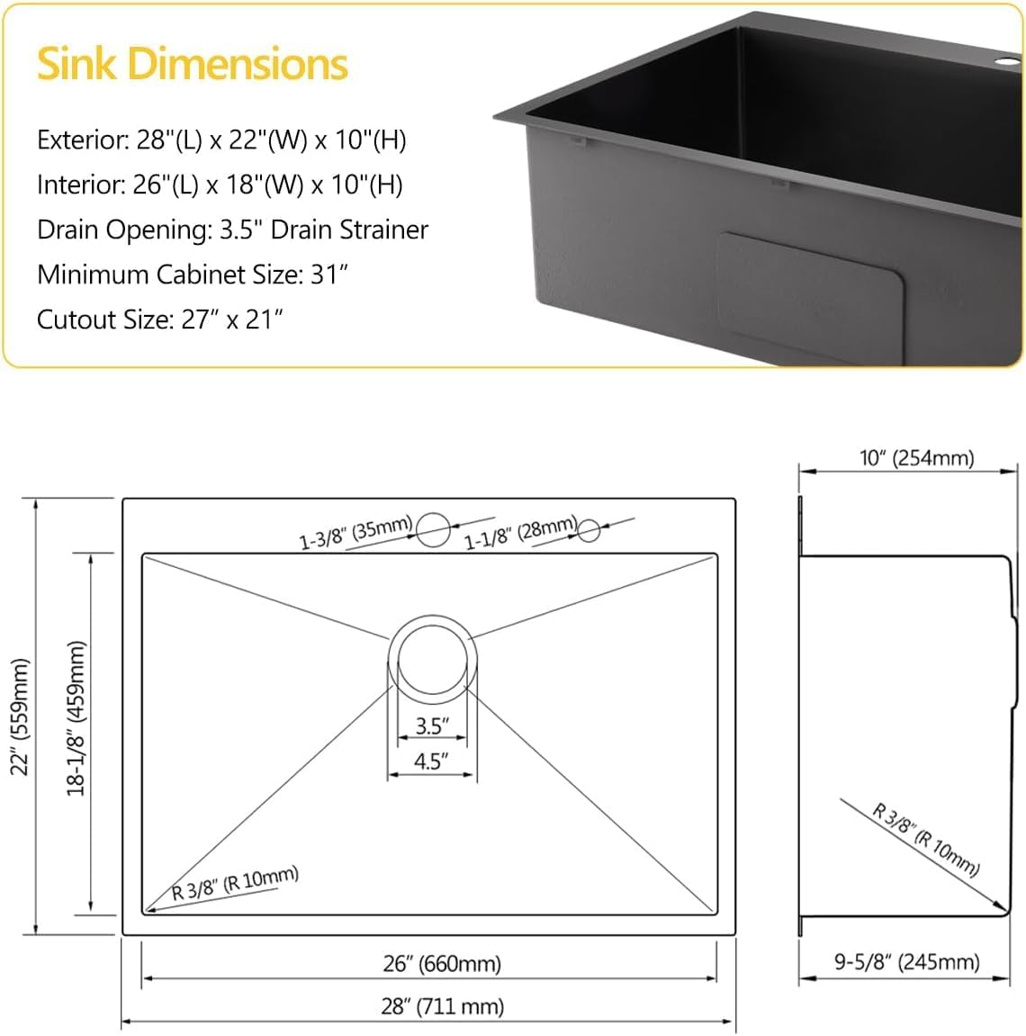 28 Drop In Black Stainless Steel Kitchen Sink, 28x22x10 Inches 16 Gauge Nano Black Stainless Steel Topmount Kitchen Sink
