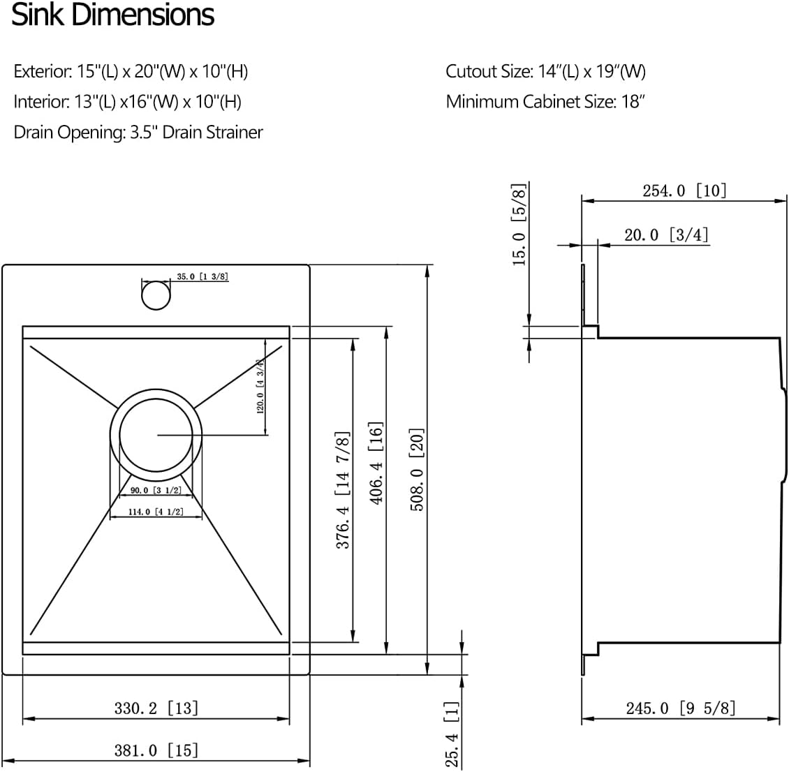 15 Drop In Stainless Steel Kitchen Bar Sink, 15” x 20” x 10” 18 Gauge Stainless Steel Outdoor Small Kitchen Sink