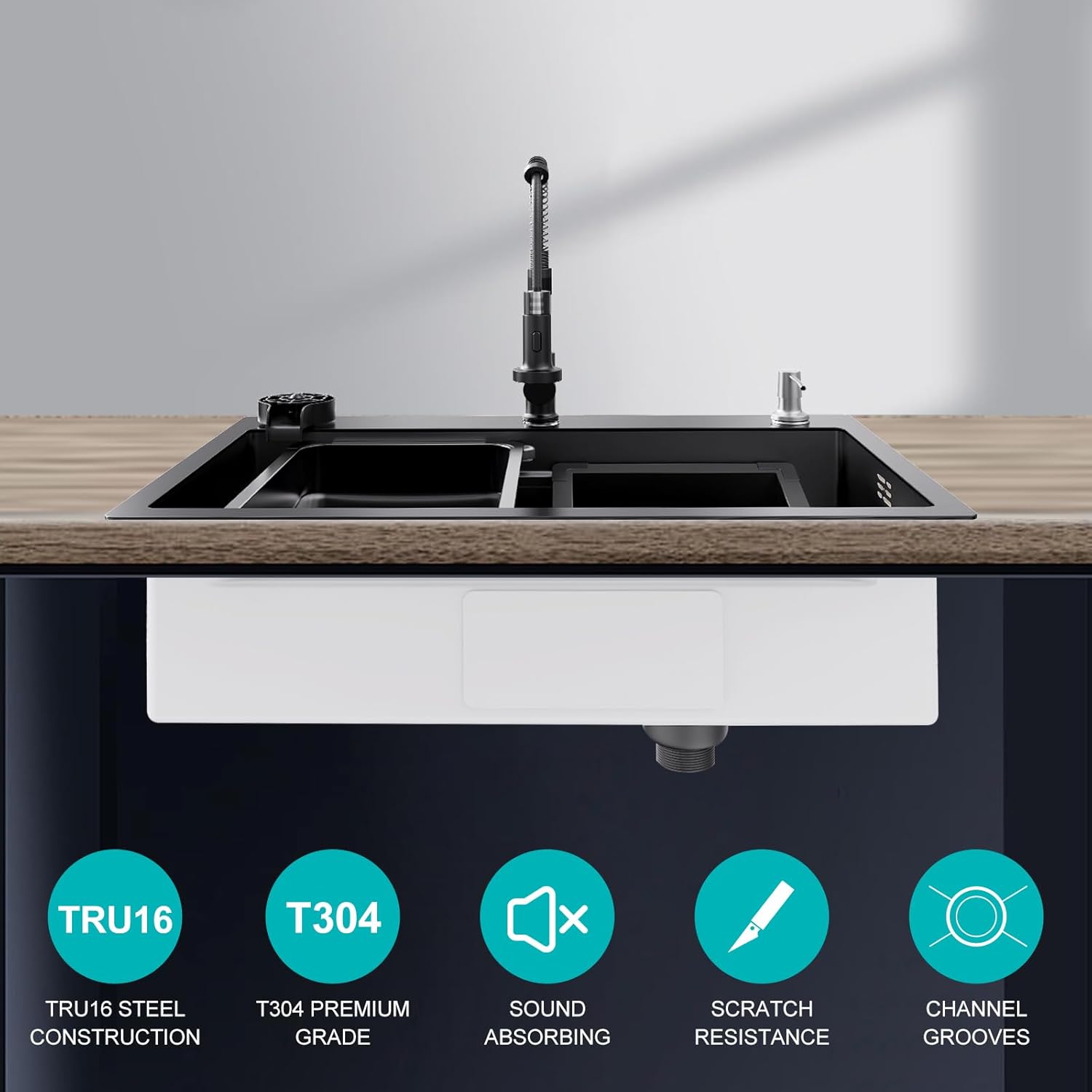 29.5 x 17.7 inch Kitchen Sink, Single Bowl Stainless Steel Sink Multifunctional Drop In Sink with Pull-Down Faucet and Multiple Accessories