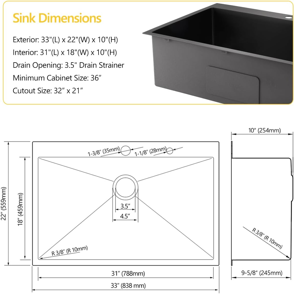 33 Black Drop in Kitchen Sink, 33x22x10 Inches 16 Gauge Stainless Steel Nano Black Topmount Drop in Kitchen Sink